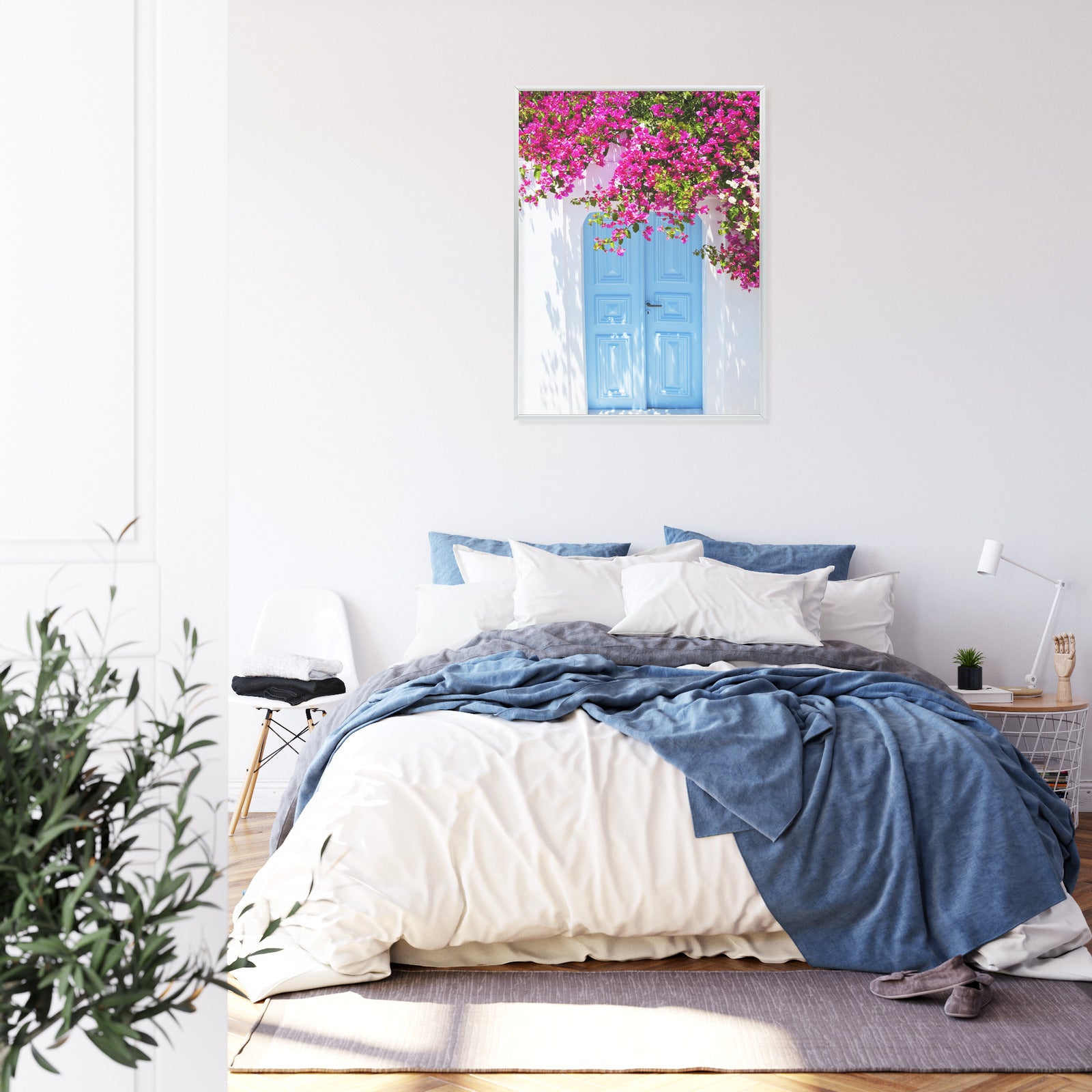 Plakat Niebieskie Drzwi I Różowe Kwiaty Tradycyjna Grecka Architektura Rama Aluminiowa Kolor Czarny