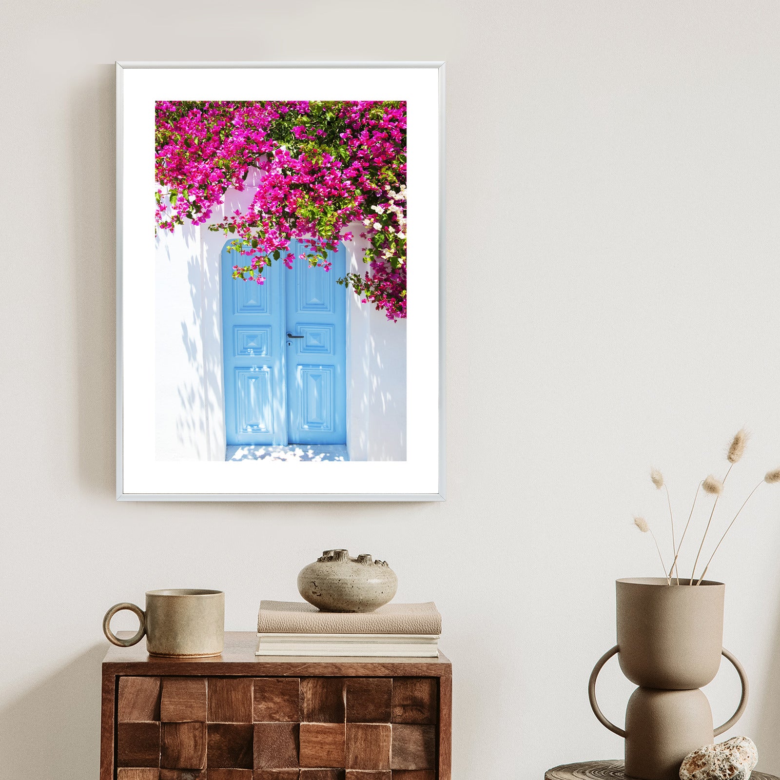 Plakat Niebieskie Drzwi I Różowe Kwiaty Tradycyjna Grecka Architektura Rama Aluminiowa Kolor Czarny