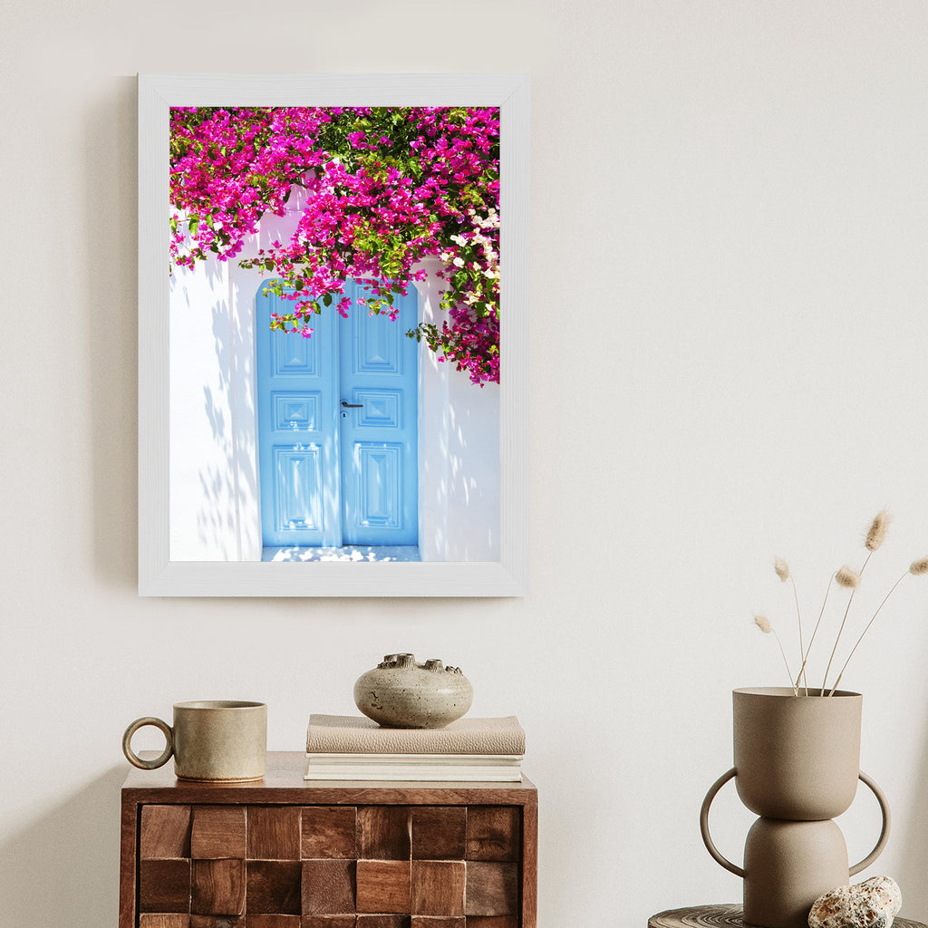 Plakat Niebieskie Drzwi I Różowe Kwiaty Tradycyjna Grecka Architektura Rama Aluminiowa Kolor Czarny