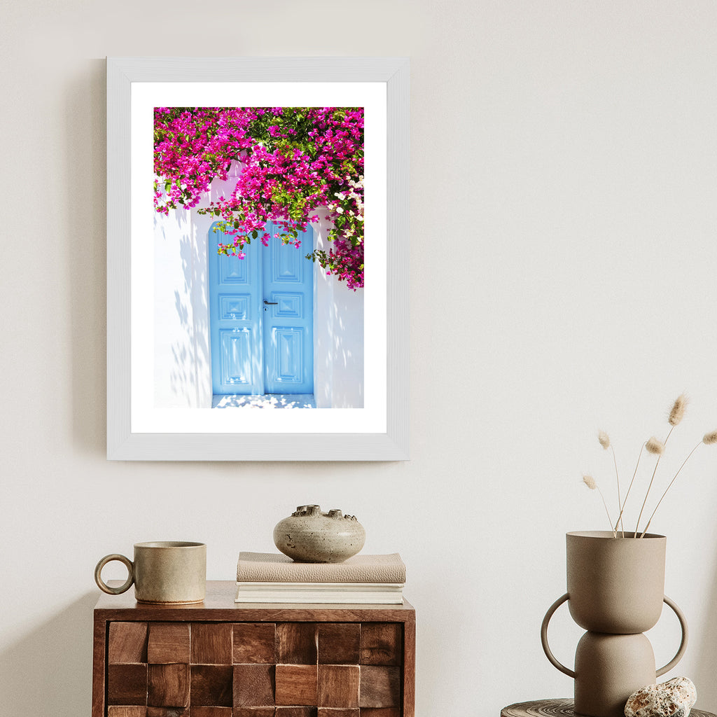 Plakat Niebieskie Drzwi I Różowe Kwiaty Tradycyjna Grecka Architektura Rama Aluminiowa Kolor Czarny