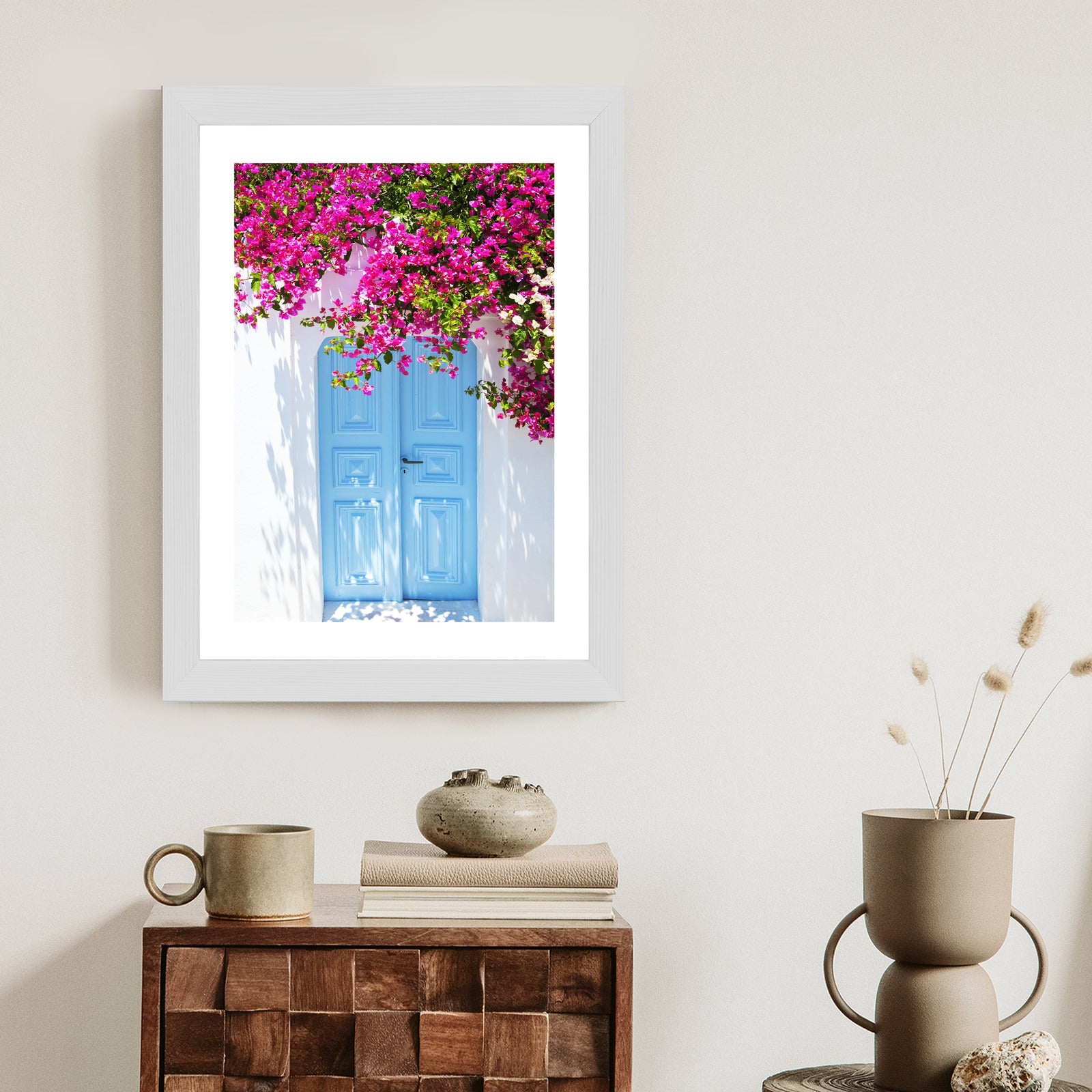 Plakat Niebieskie Drzwi I Różowe Kwiaty Tradycyjna Grecka Architektura Rama Aluminiowa Kolor Czarny