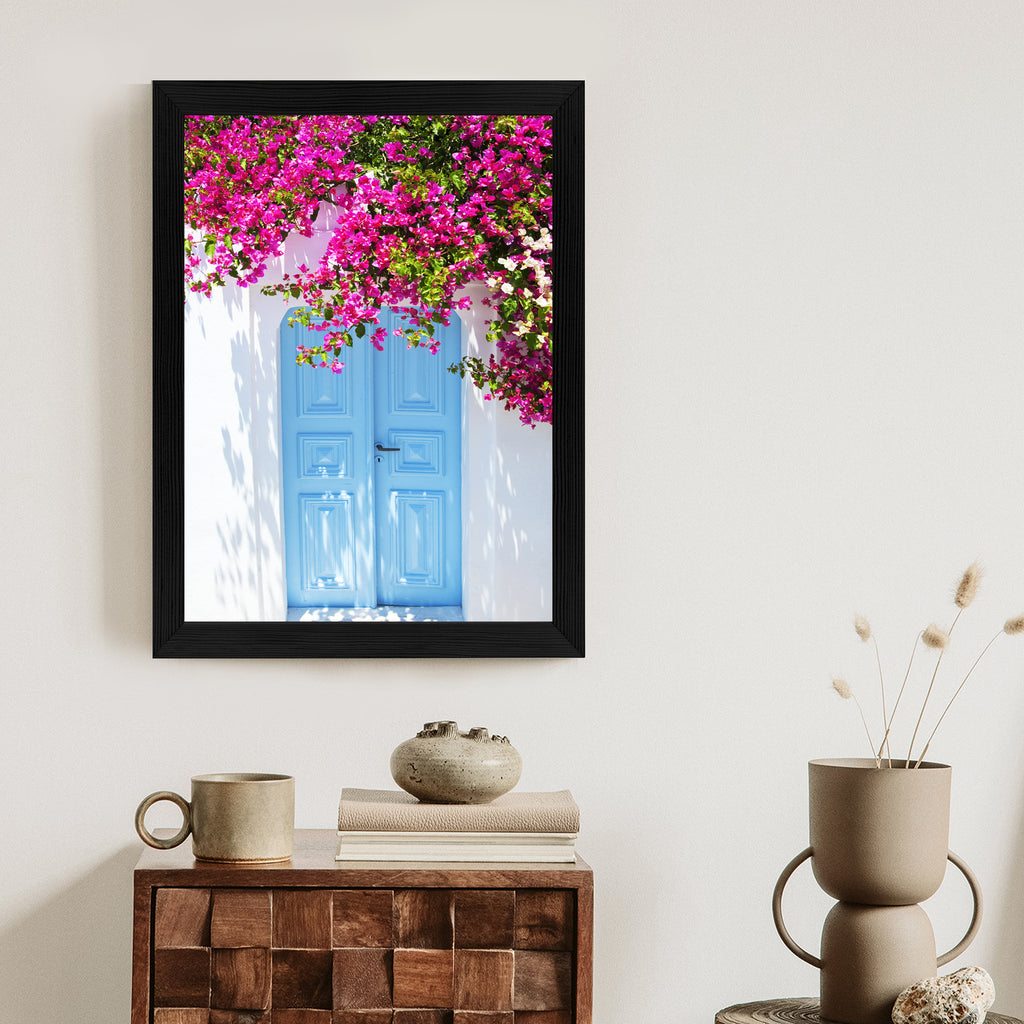 Plakat Niebieskie Drzwi I Różowe Kwiaty Tradycyjna Grecka Architektura Rama Aluminiowa Kolor Czarny