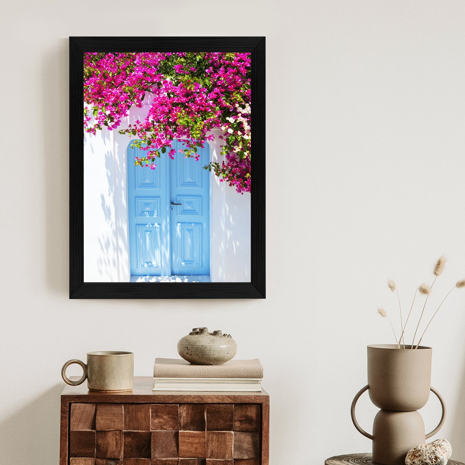 Plakat Niebieskie Drzwi I Różowe Kwiaty Tradycyjna Grecka Architektura Rama Aluminiowa Kolor Czarny