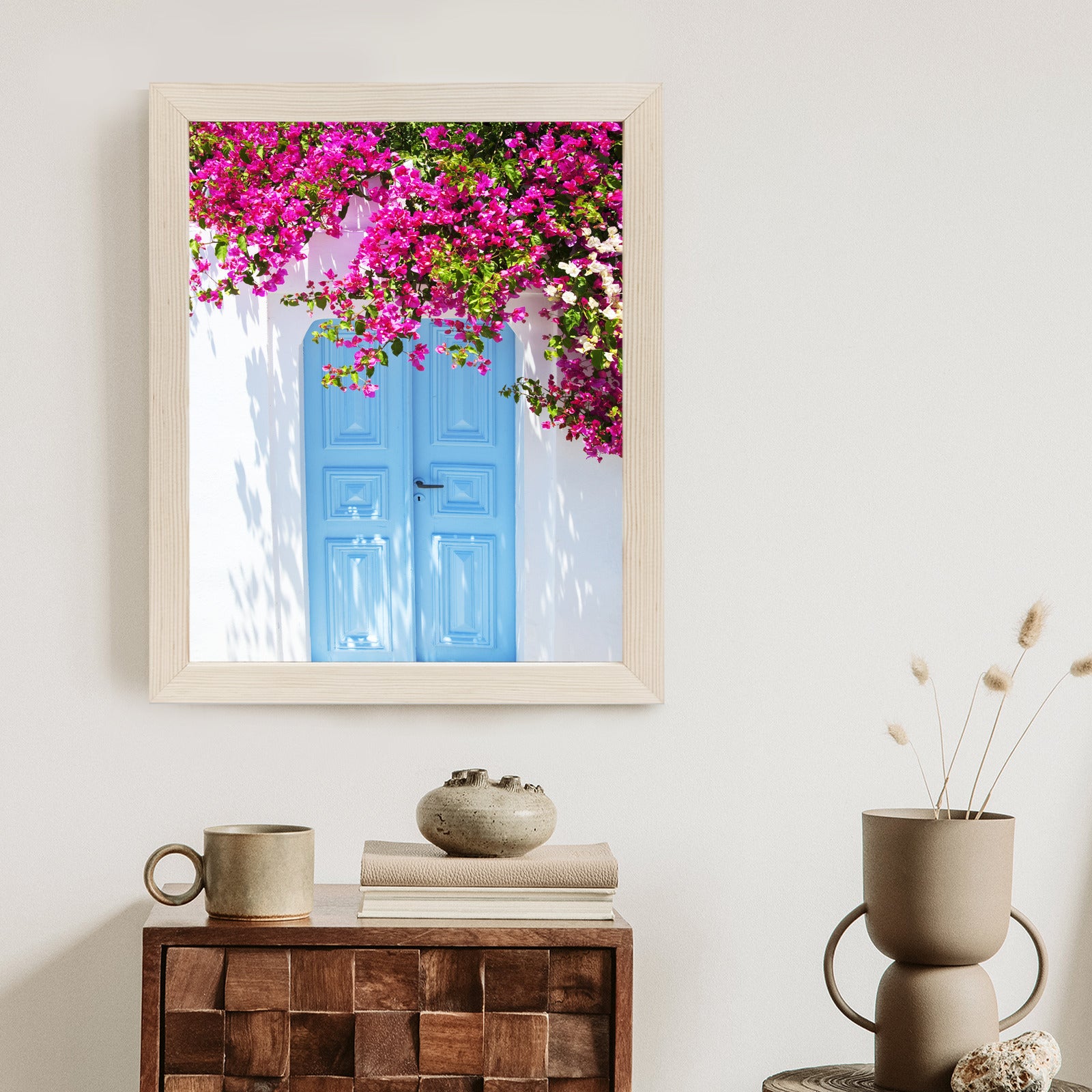 Plakat Niebieskie Drzwi I Różowe Kwiaty Tradycyjna Grecka Architektura Rama Aluminiowa Kolor Czarny