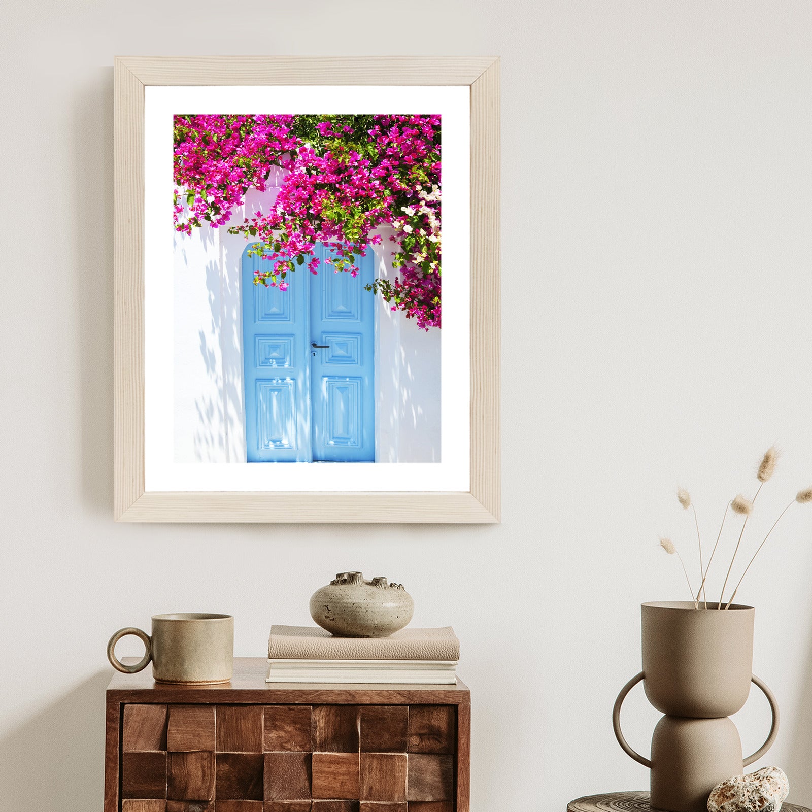 Plakat Niebieskie Drzwi I Różowe Kwiaty Tradycyjna Grecka Architektura Rama Aluminiowa Kolor Czarny