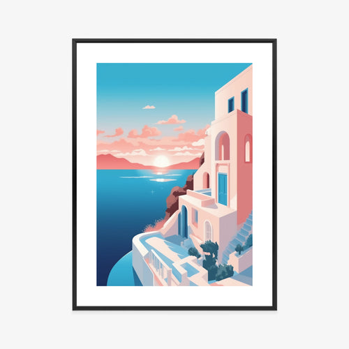 Plakat Ilustracja Z Zachodem Słońca Na Santorini Rama Aluminiowa Kolor Czarny