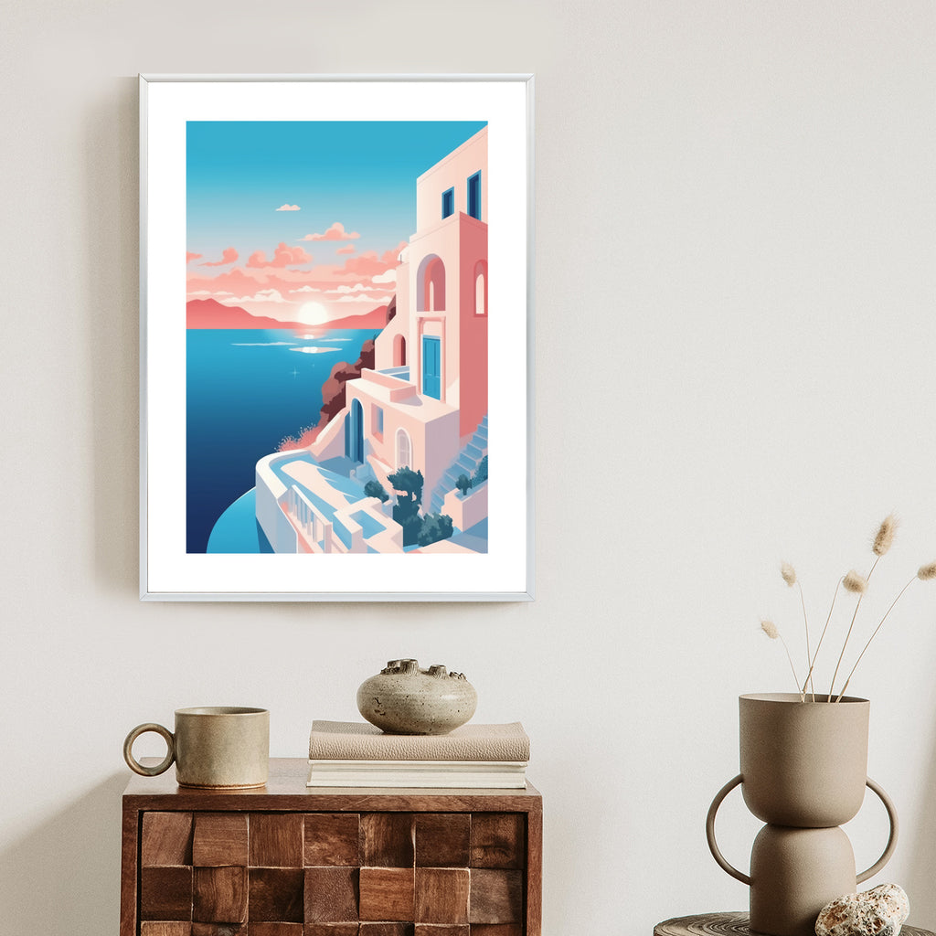 Plakat Ilustracja Z Zachodem Słońca Na Santorini Rama Aluminiowa Kolor Czarny