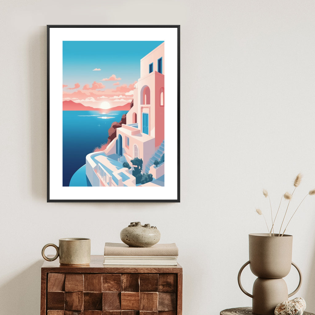 Plakat Ilustracja Z Zachodem Słońca Na Santorini Rama Aluminiowa Kolor Czarny