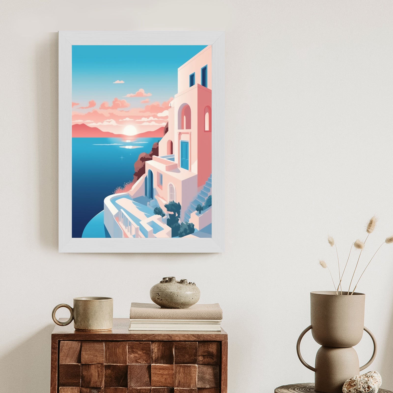 Plakat Ilustracja Z Zachodem Słońca Na Santorini Rama Aluminiowa Kolor Czarny