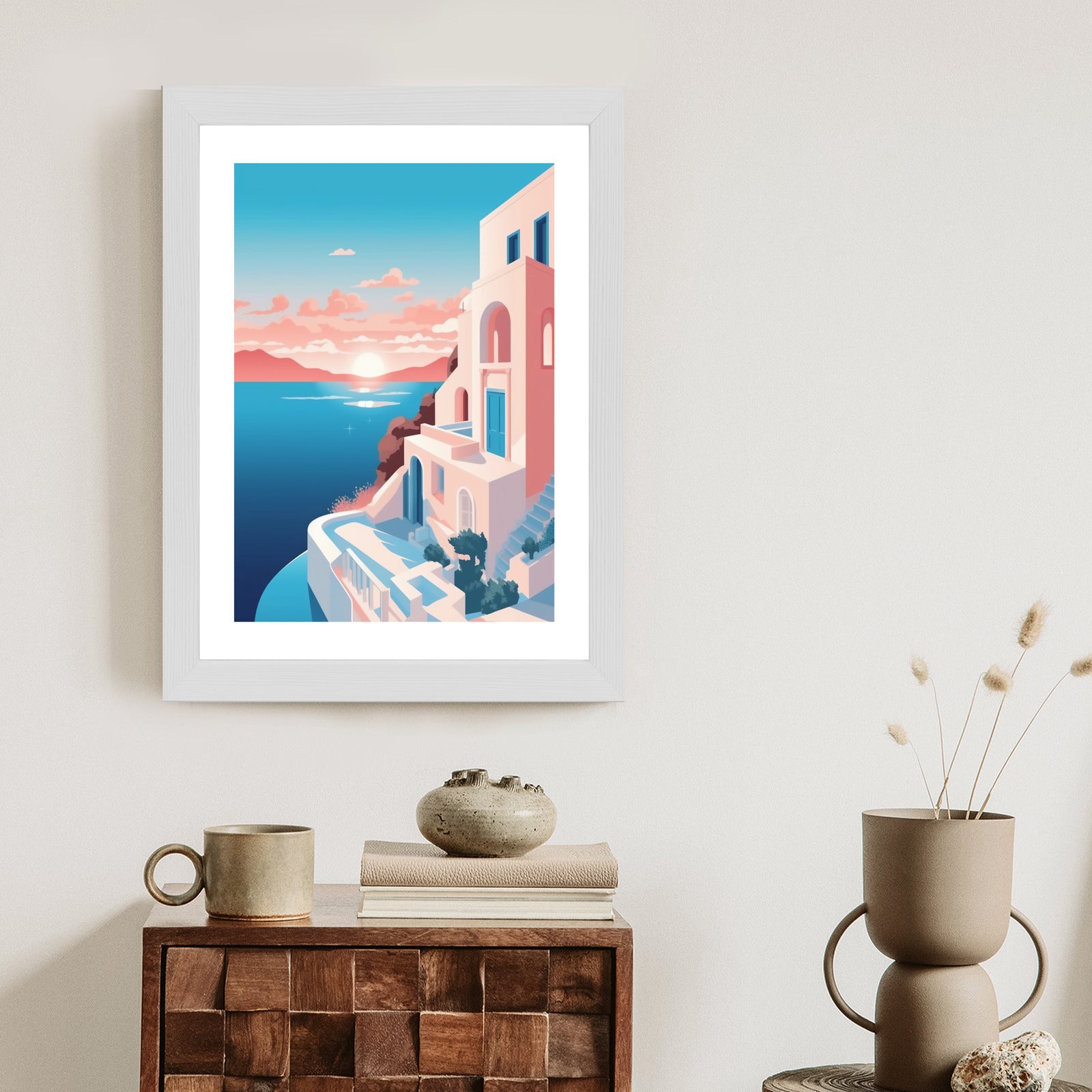 Plakat Ilustracja Z Zachodem Słońca Na Santorini Rama Aluminiowa Kolor Czarny