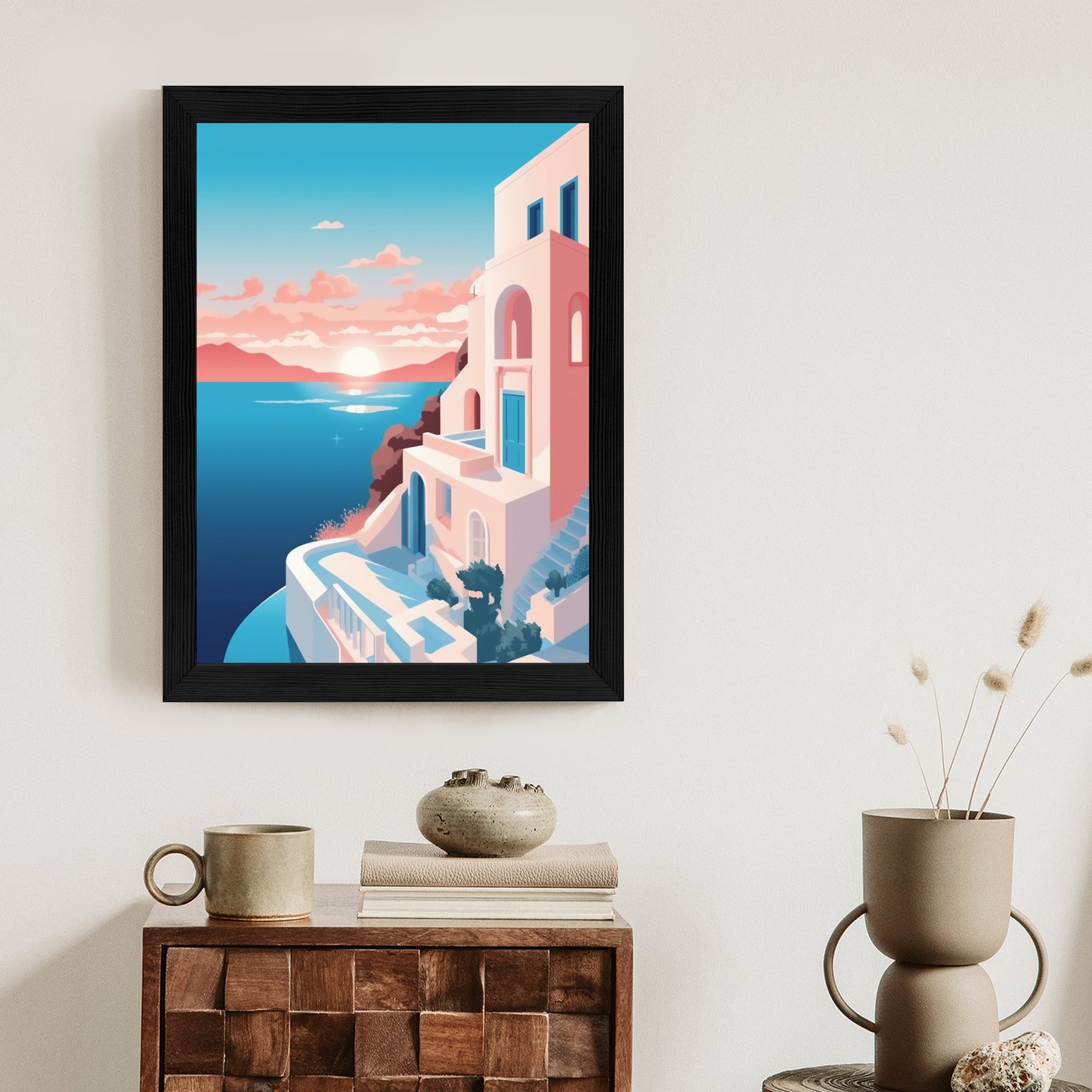 Plakat Ilustracja Z Zachodem Słońca Na Santorini Rama Aluminiowa Kolor Czarny