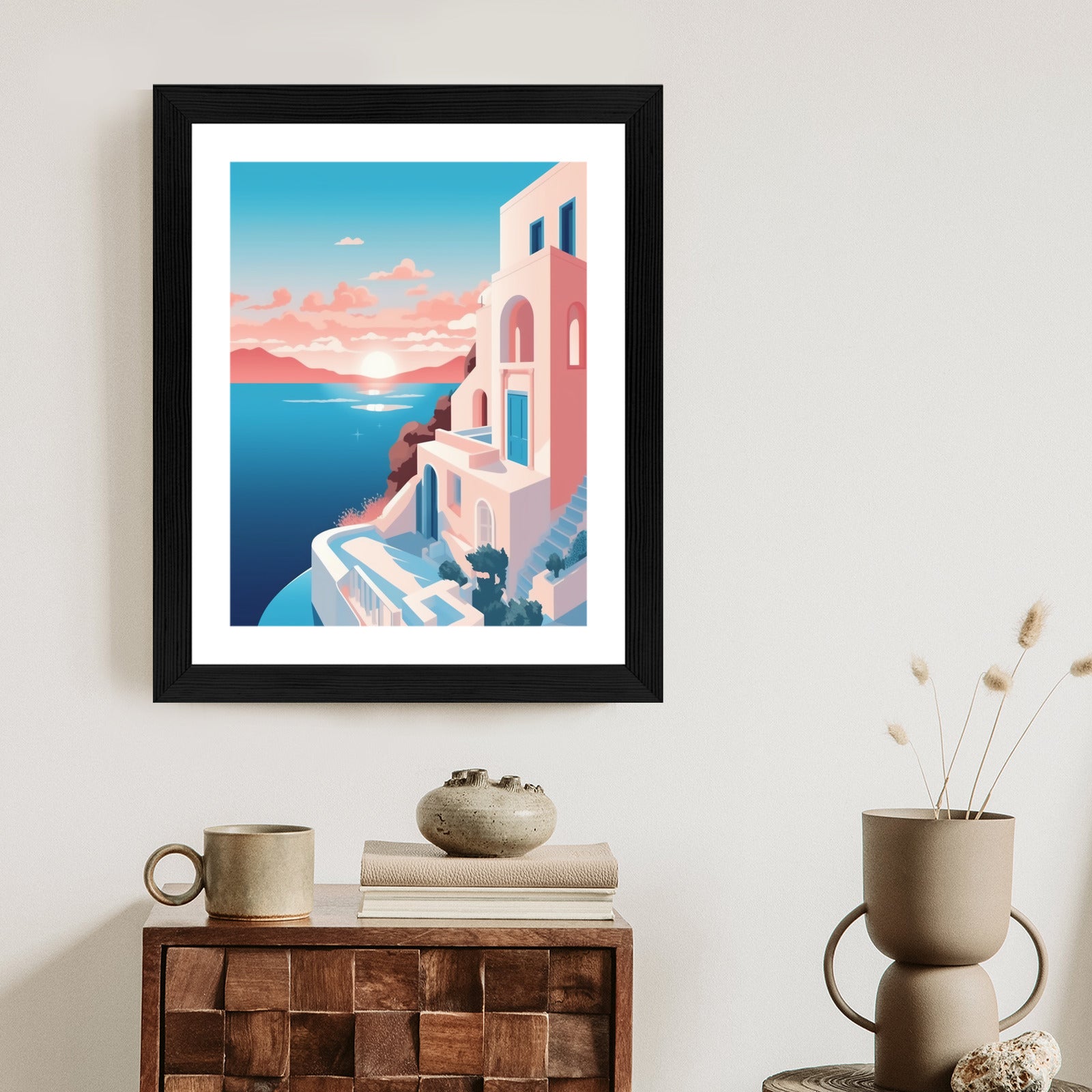 Plakat Ilustracja Z Zachodem Słońca Na Santorini Rama Aluminiowa Kolor Czarny