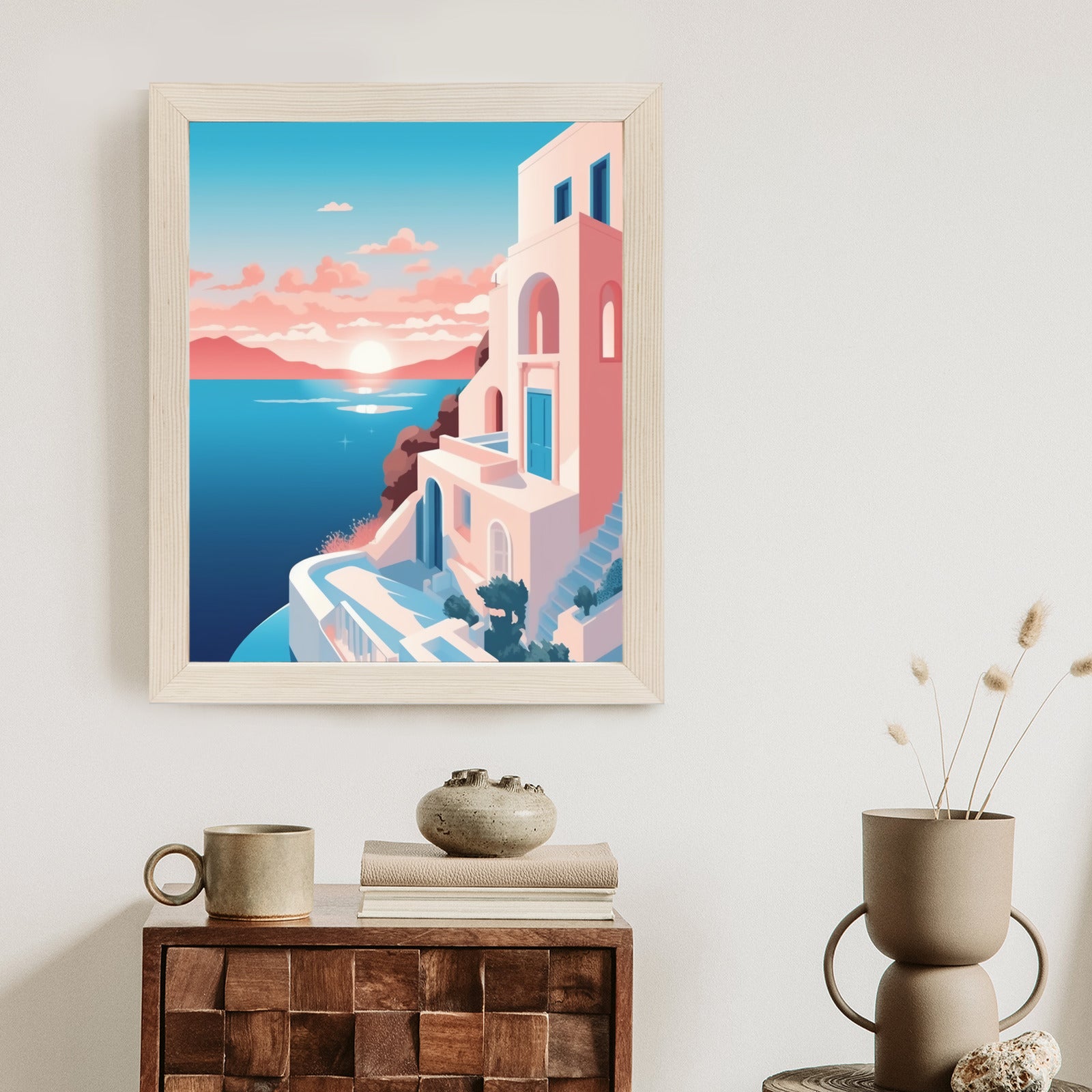 Plakat Ilustracja Z Zachodem Słońca Na Santorini Rama Aluminiowa Kolor Czarny