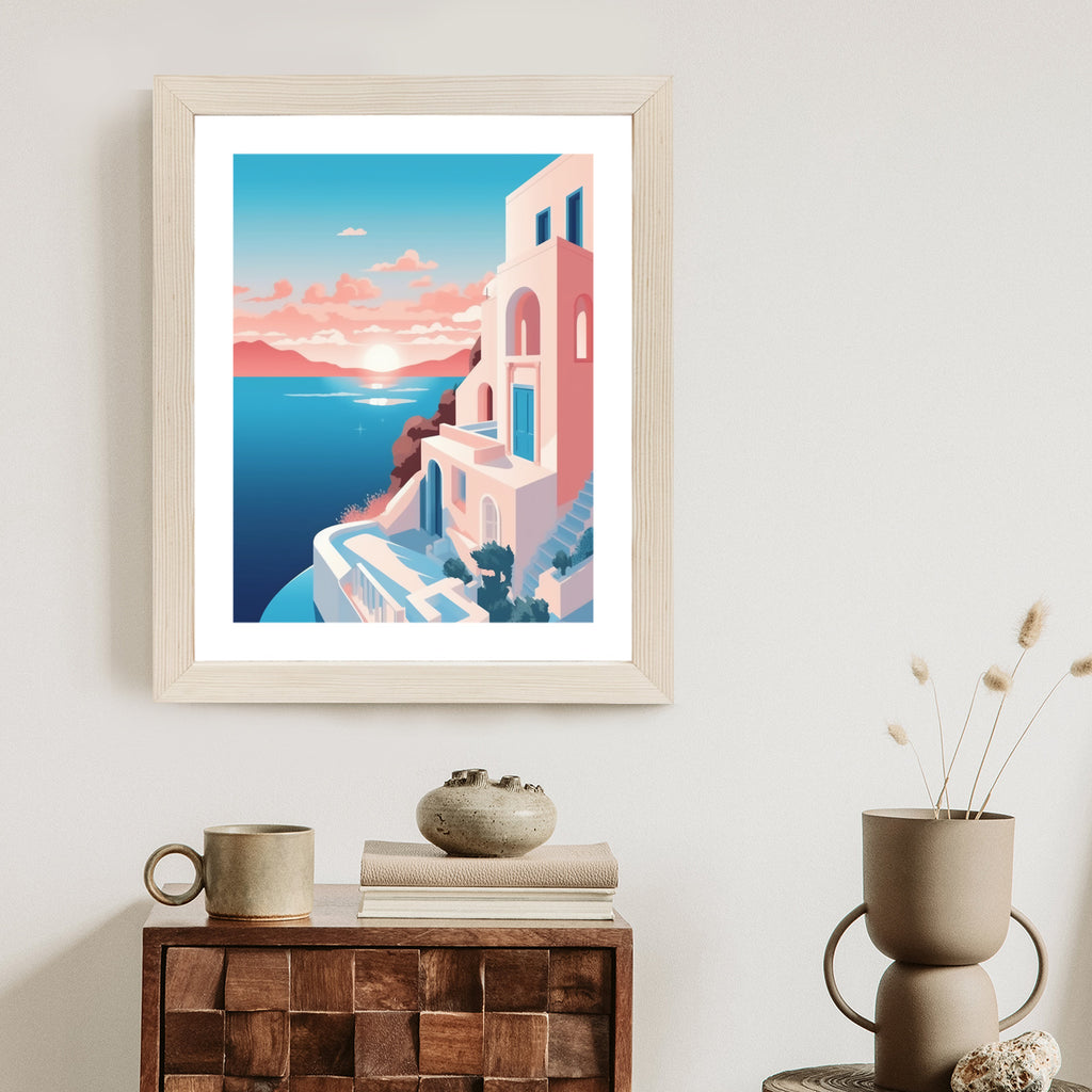 Plakat Ilustracja Z Zachodem Słońca Na Santorini Rama Aluminiowa Kolor Czarny