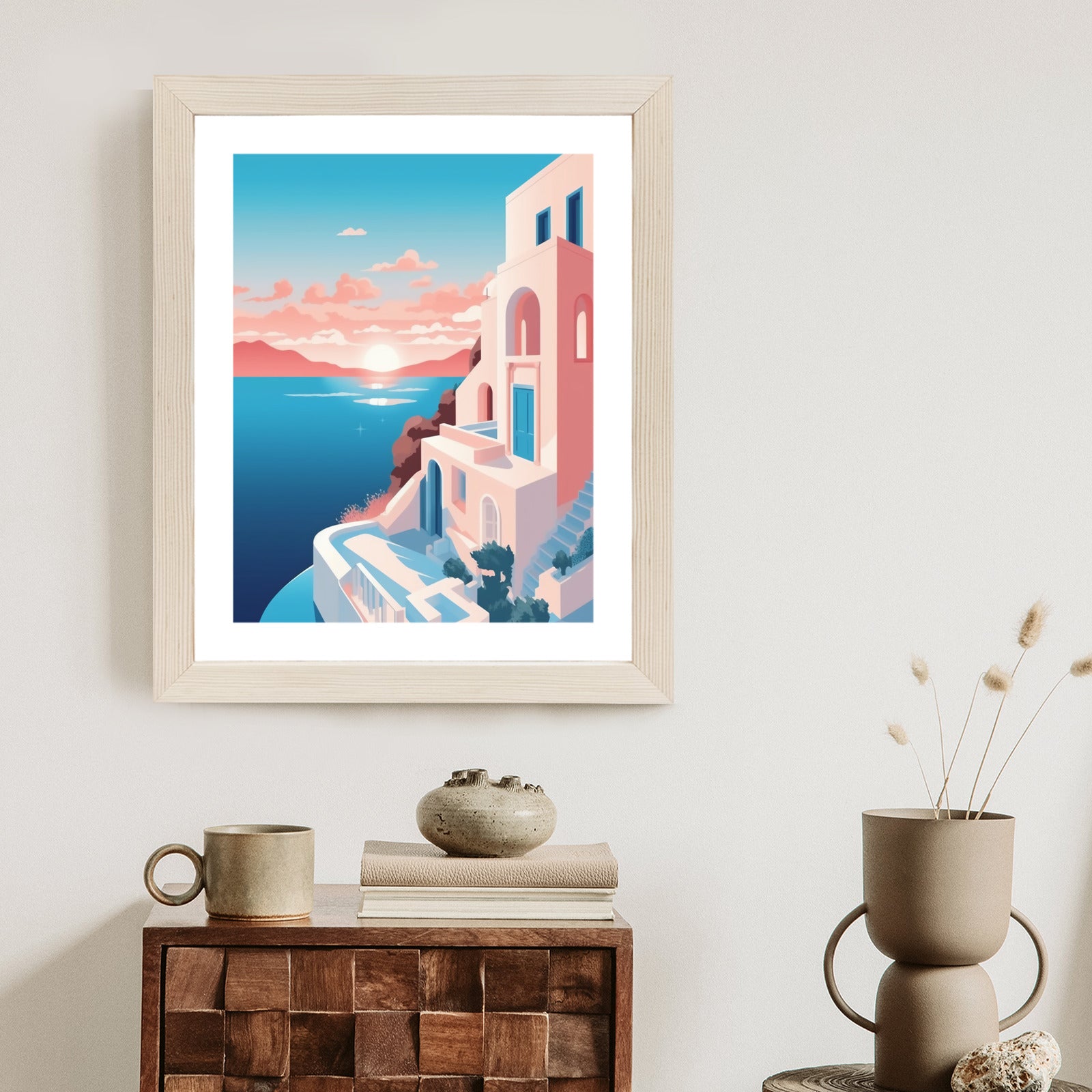 Plakat Ilustracja Z Zachodem Słońca Na Santorini Rama Aluminiowa Kolor Czarny