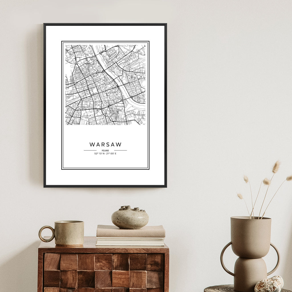 Plakat Warszawa Czarno Biała Mapa Rama Aluminiowa Kolor Czarny