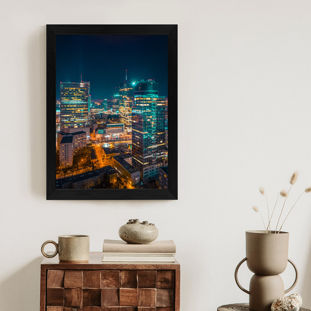 Plakat Warszawa Nocą Z Lotu Ptaka Rama Aluminiowa Kolor Czarny