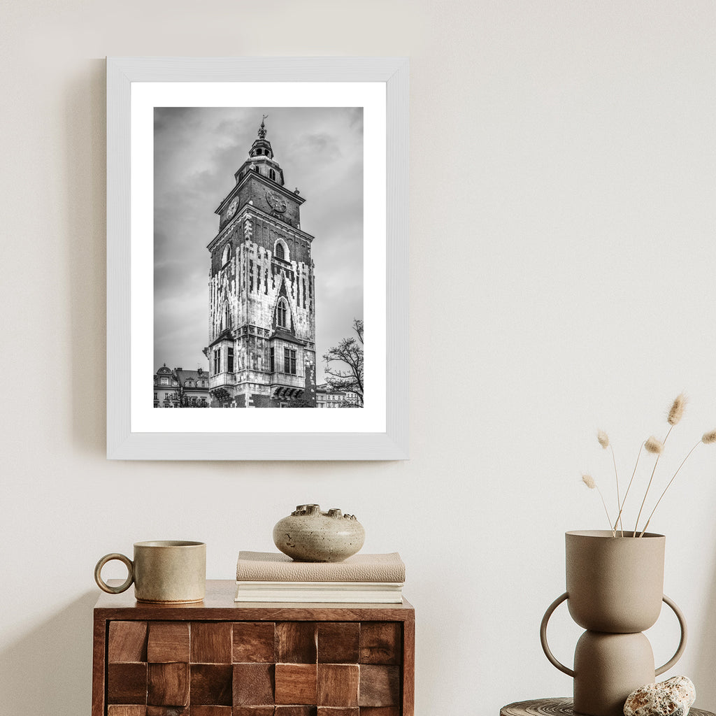Plakat Czarno-Biała Fotografia Wieży Ratuszowej W Krakowie Rama Aluminiowa Kolor Czarny