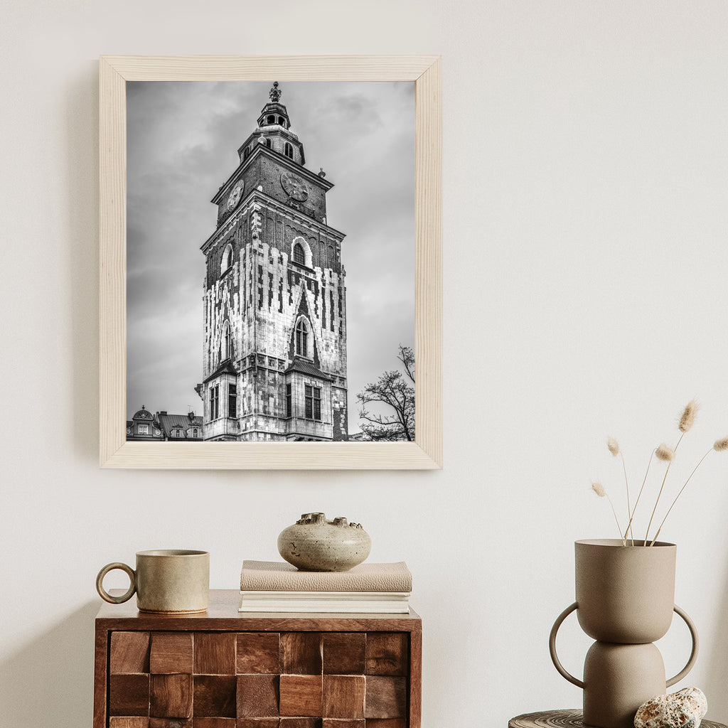 Plakat Czarno-Biała Fotografia Wieży Ratuszowej W Krakowie Rama Aluminiowa Kolor Czarny
