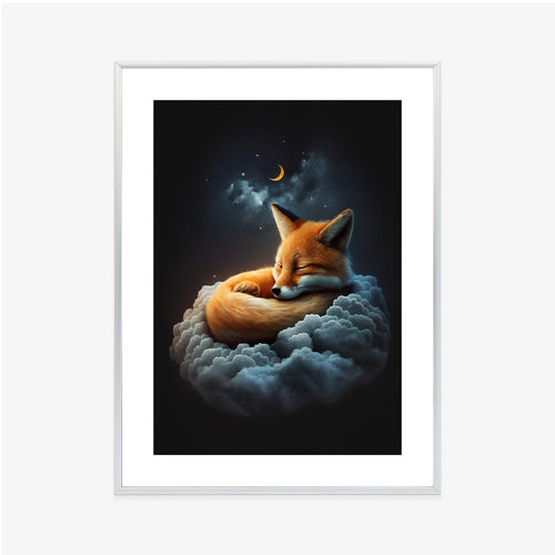 Plakat Śpiący Lisek Na Chmurce Rama Drewniana Z Passe-Partout Kolor Naturalny