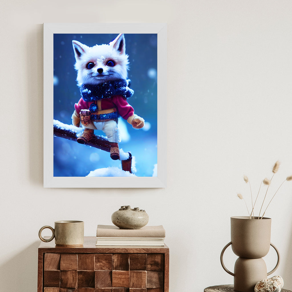 Plakat Uroczy Lisek W Śniegu Rama Drewniana Z Passe-Partout Kolor Naturalny