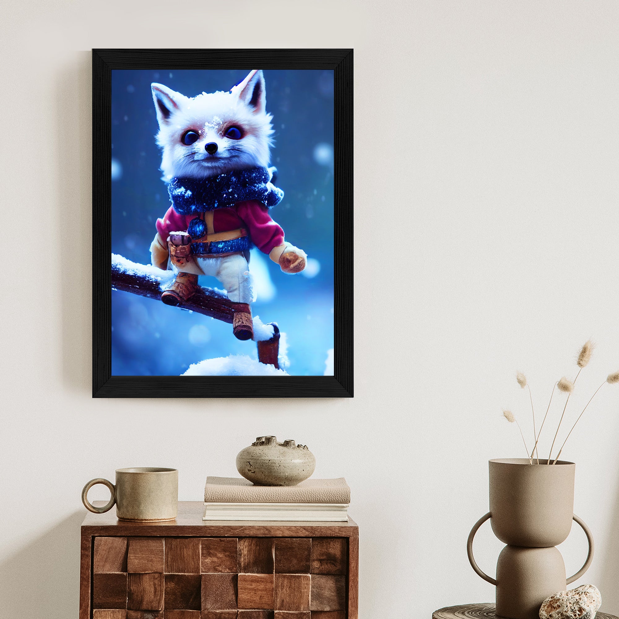 Plakat Uroczy Lisek W Śniegu Rama Drewniana Z Passe-Partout Kolor Naturalny