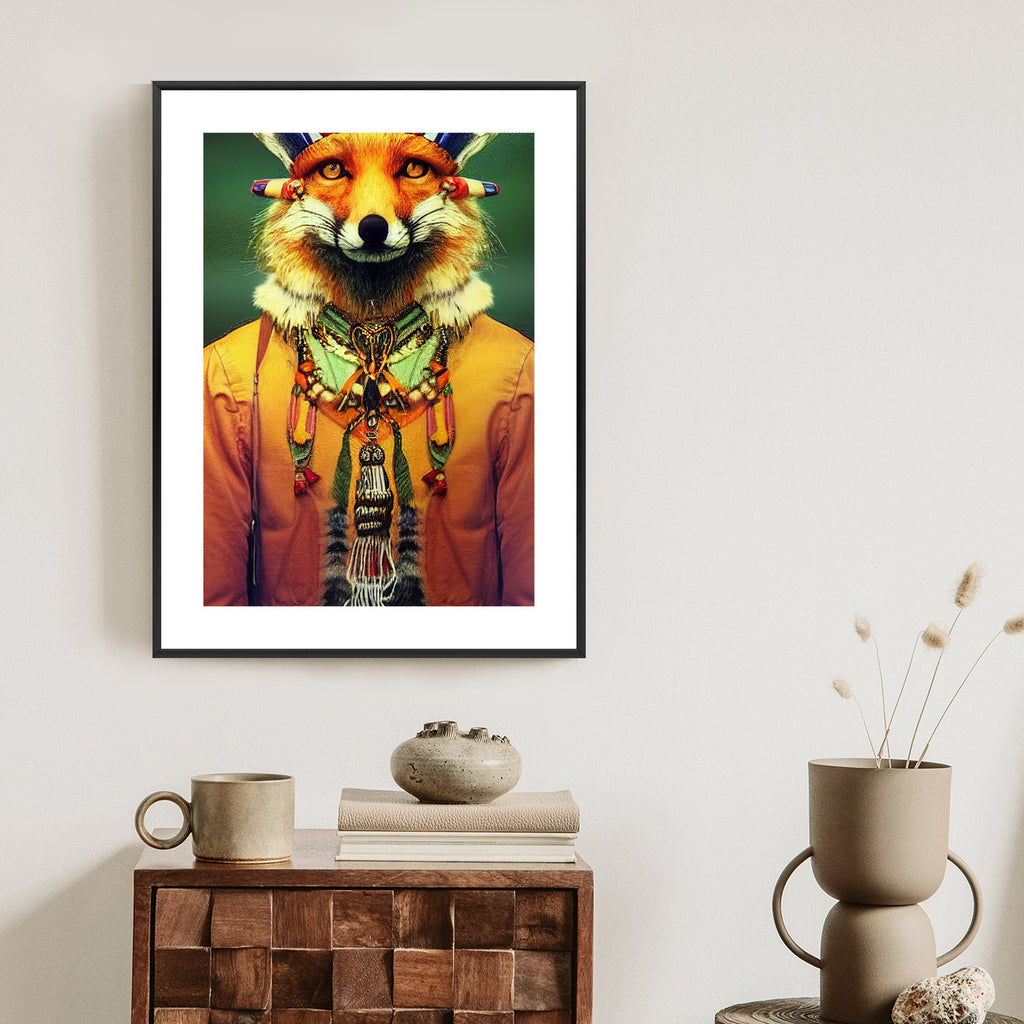 Plakat Lis W Stroju Indiańskim Rama Drewniana Z Passe-Partout Kolor Naturalny