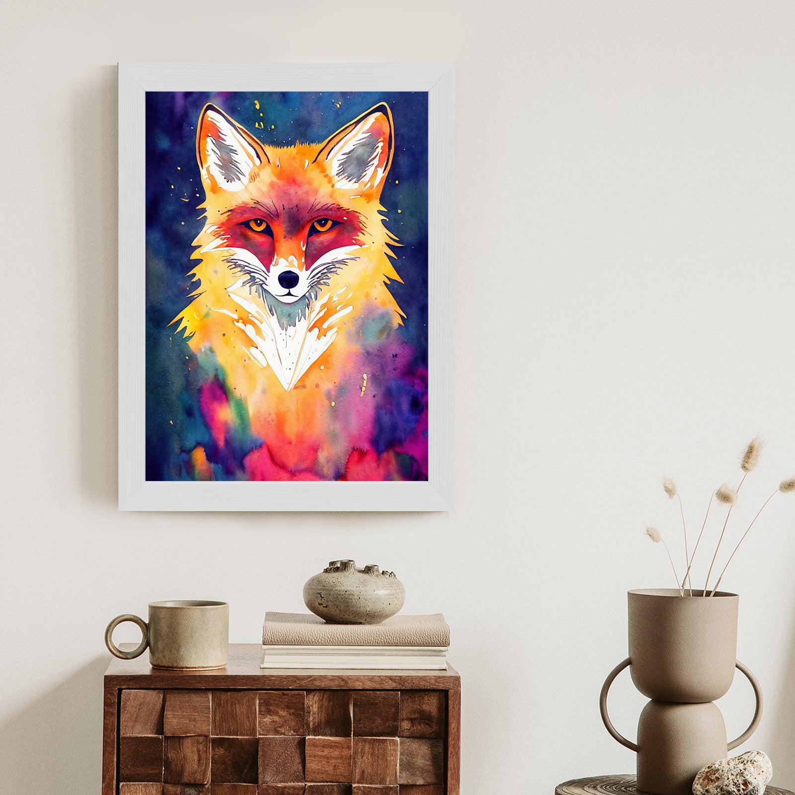 Plakat Akwarela Z Rudym Lisem Rama Drewniana Z Passe-Partout Kolor Naturalny