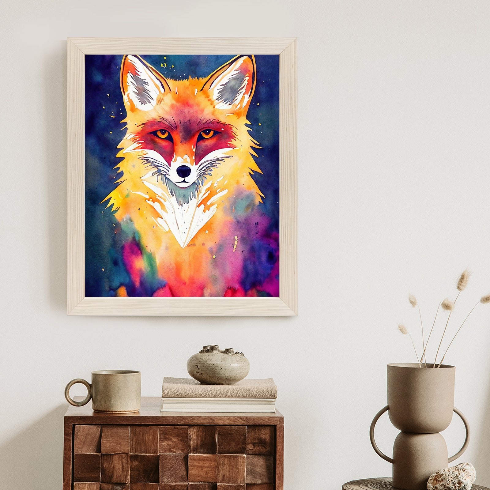 Plakat Akwarela Z Rudym Lisem Rama Drewniana Z Passe-Partout Kolor Naturalny