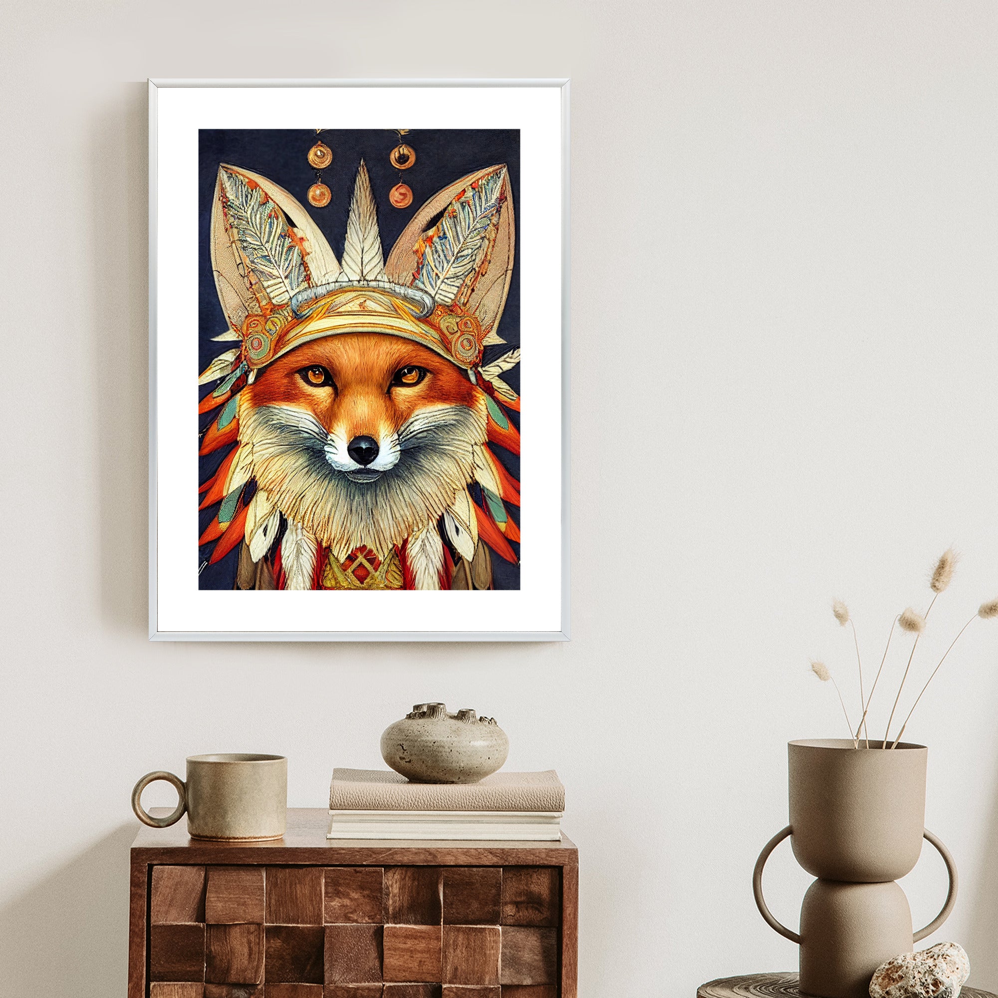 Plakat Lis W Stroju Indianina Rama Drewniana Z Passe-Partout Kolor Naturalny