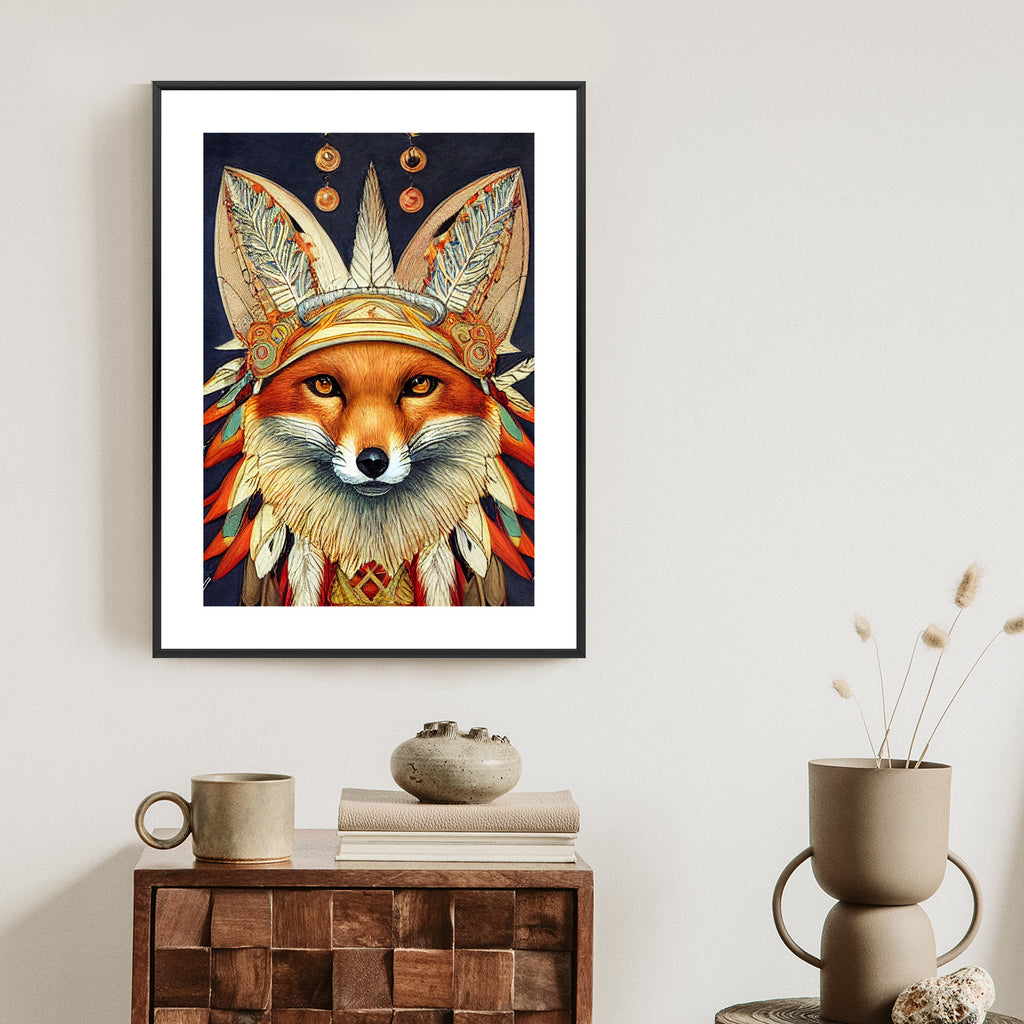 Plakat Lis W Stroju Indianina Rama Drewniana Z Passe-Partout Kolor Naturalny