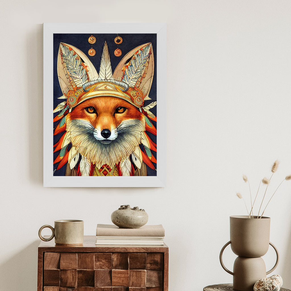 Plakat Lis W Stroju Indianina Rama Drewniana Z Passe-Partout Kolor Naturalny