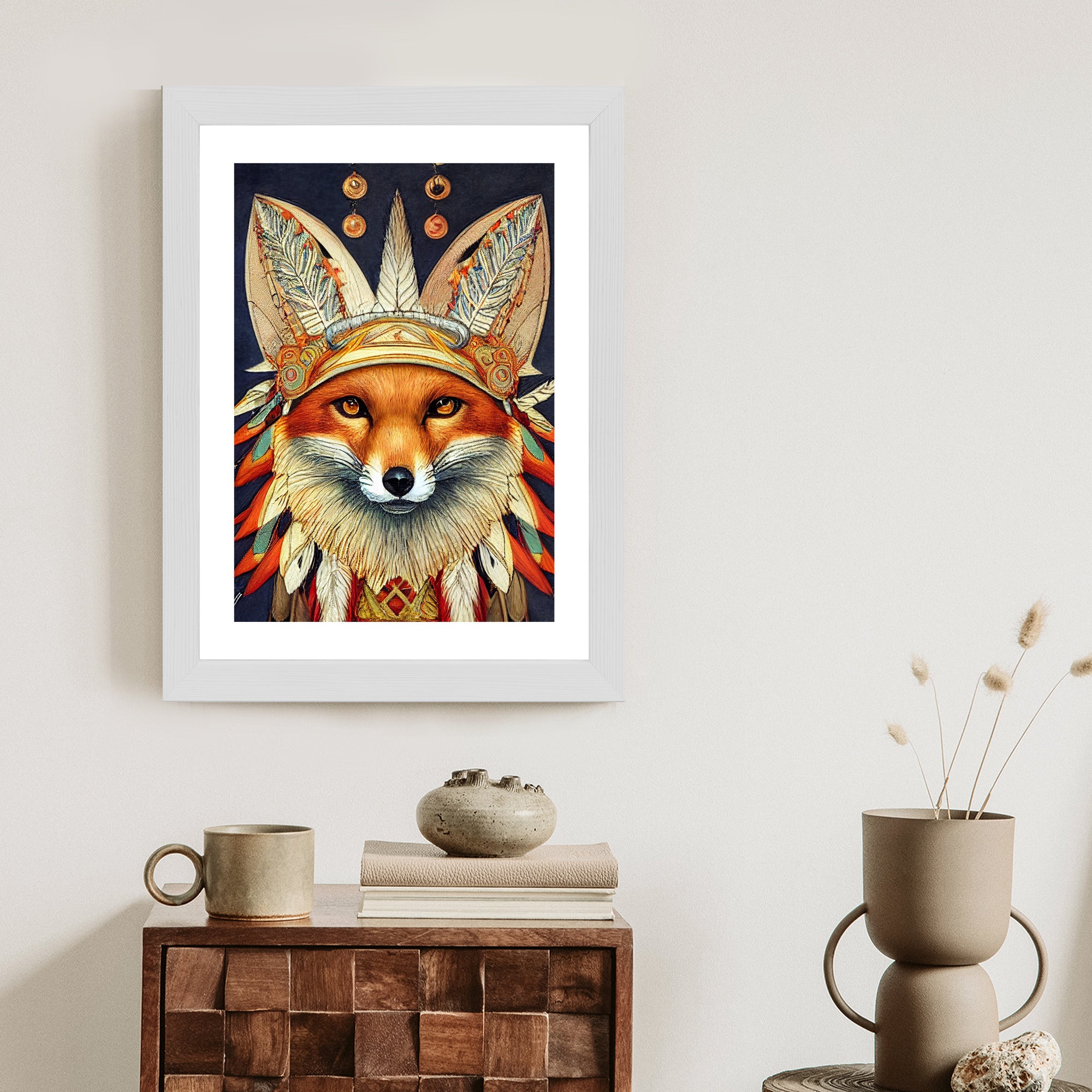 Plakat Lis W Stroju Indianina Rama Drewniana Z Passe-Partout Kolor Naturalny