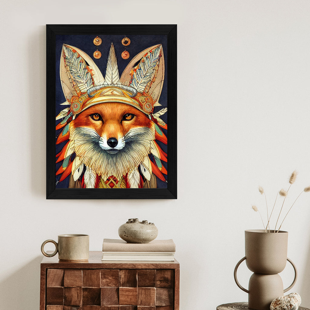 Plakat Lis W Stroju Indianina Rama Drewniana Z Passe-Partout Kolor Naturalny