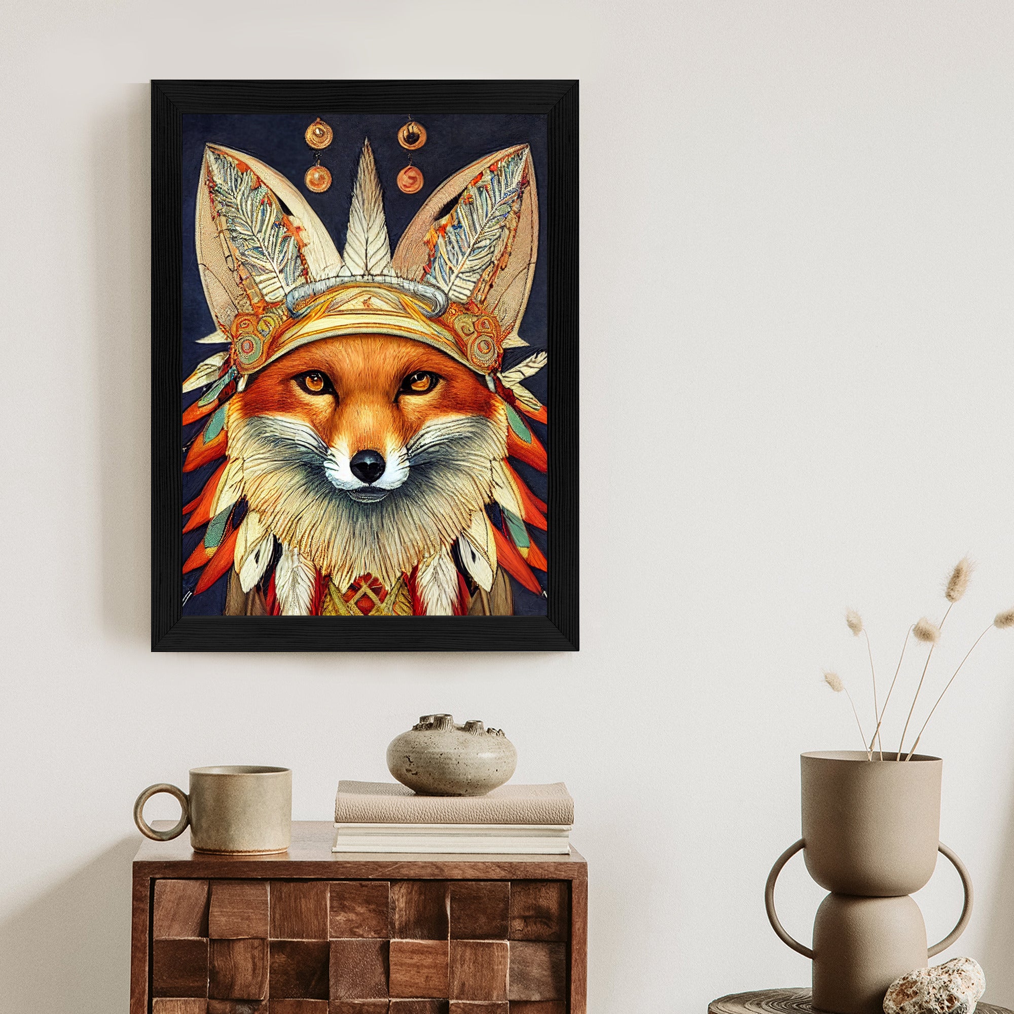 Plakat Lis W Stroju Indianina Rama Drewniana Z Passe-Partout Kolor Naturalny
