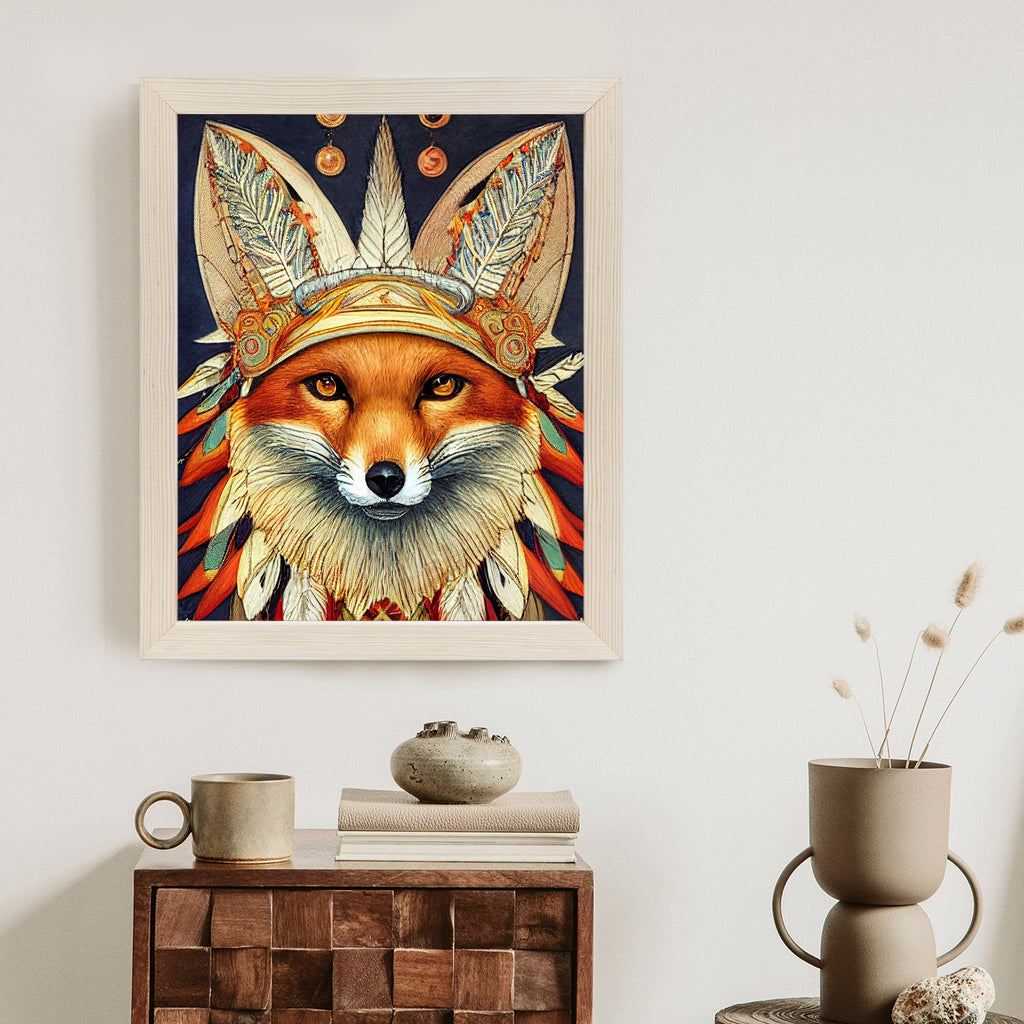 Plakat Lis W Stroju Indianina Rama Drewniana Z Passe-Partout Kolor Naturalny