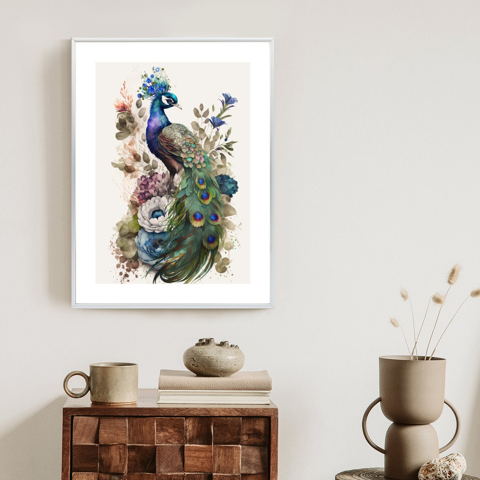 Plakat Elegancka Grafika Z Kwiatami I Pawiem