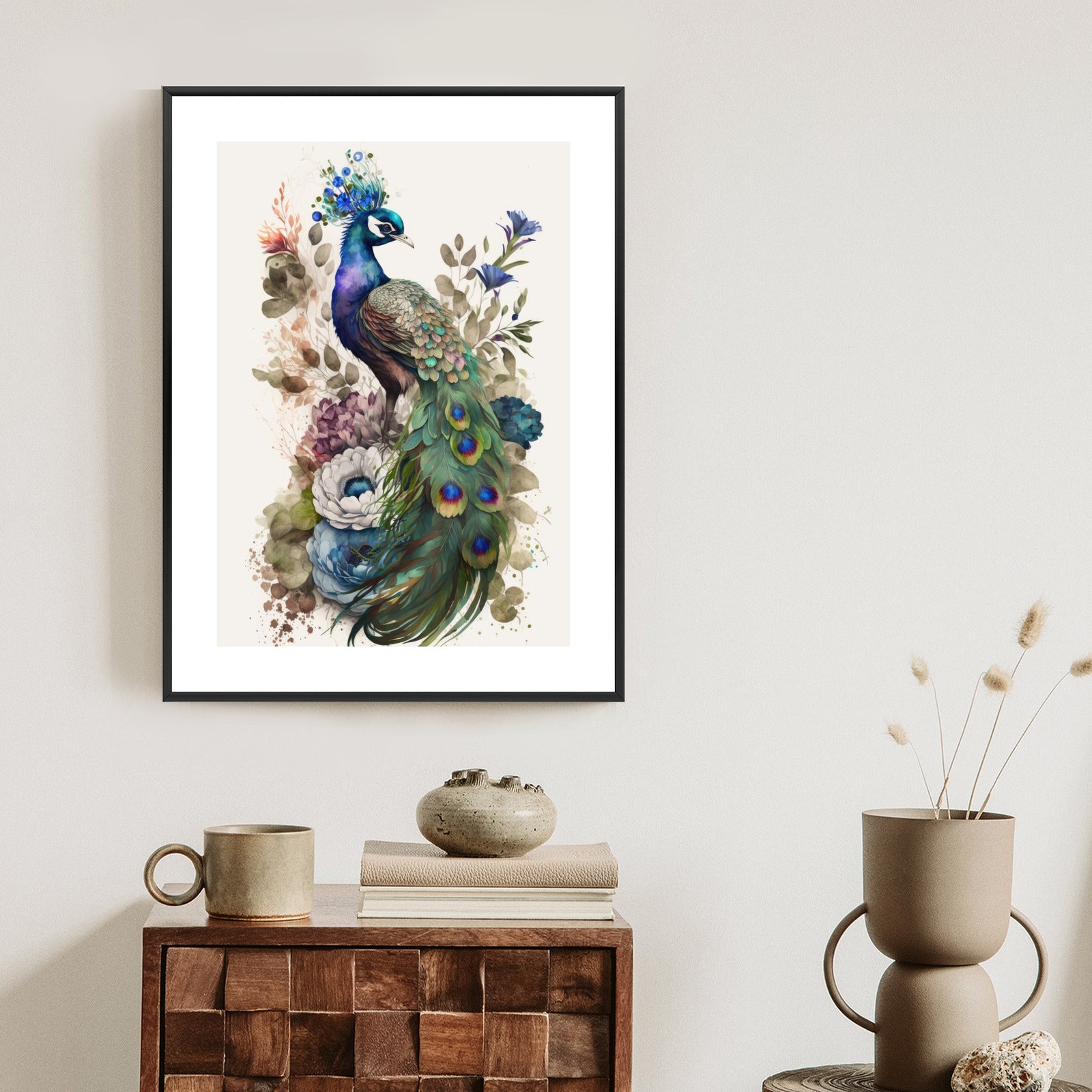 Plakat Elegancka Grafika Z Kwiatami I Pawiem