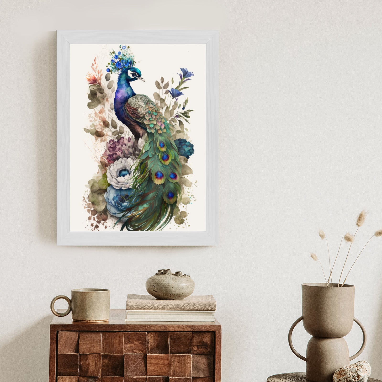 Plakat Elegancka Grafika Z Kwiatami I Pawiem