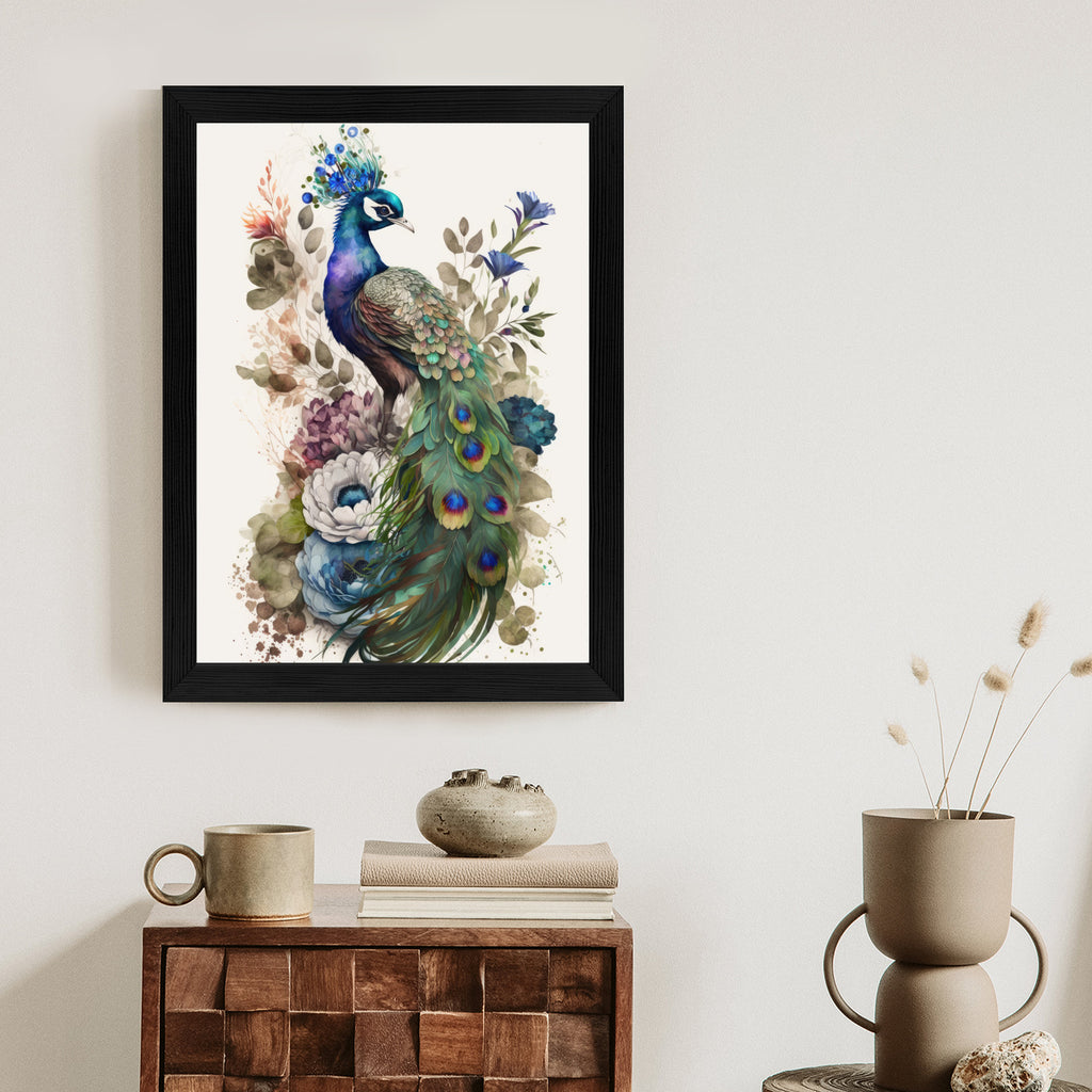 Plakat Elegancka Grafika Z Kwiatami I Pawiem