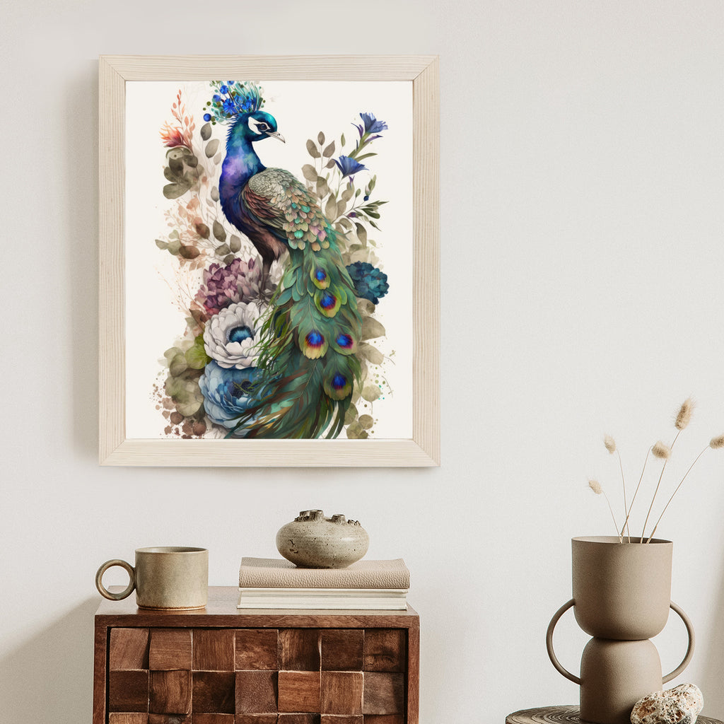 Plakat Elegancka Grafika Z Kwiatami I Pawiem