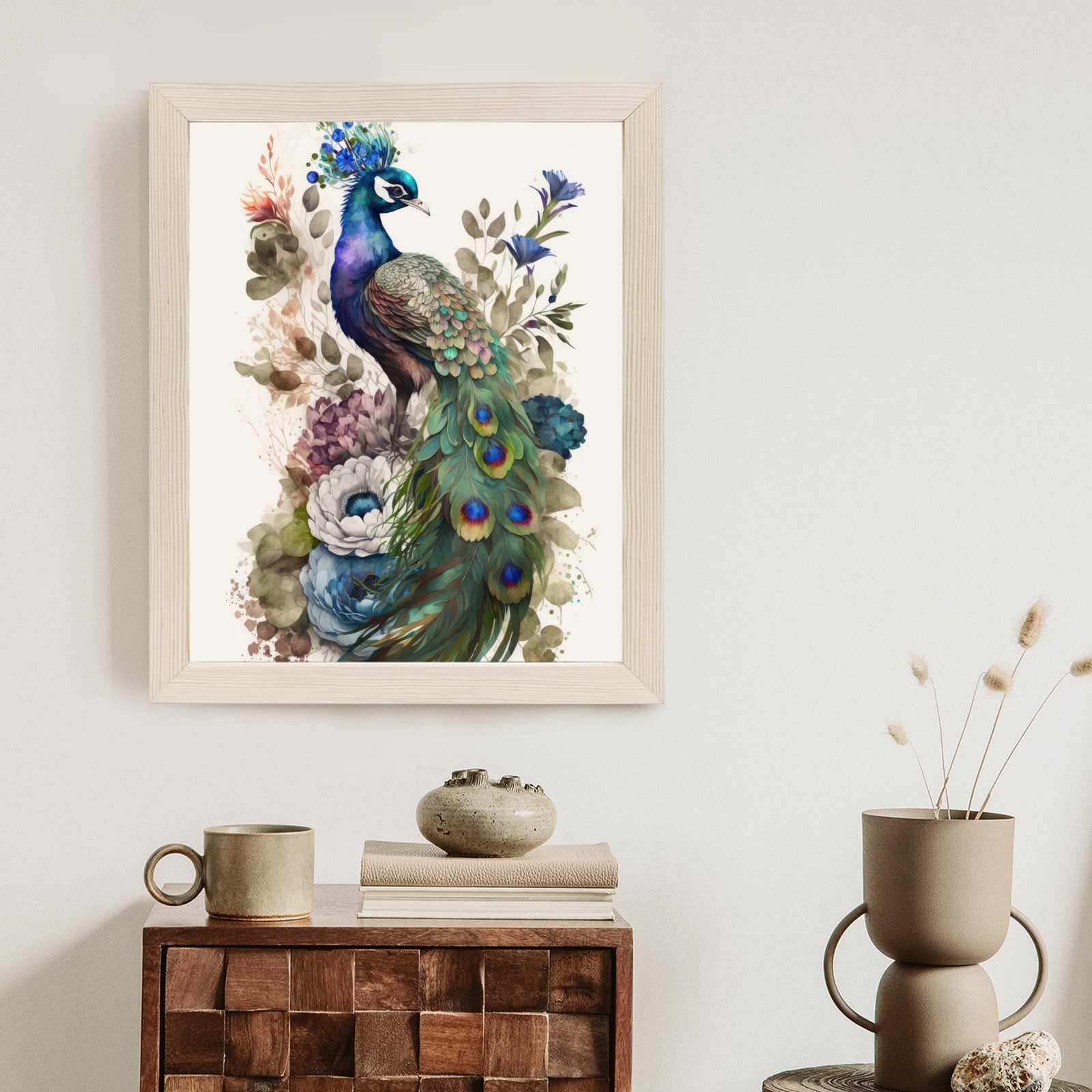 Plakat Elegancka Grafika Z Kwiatami I Pawiem