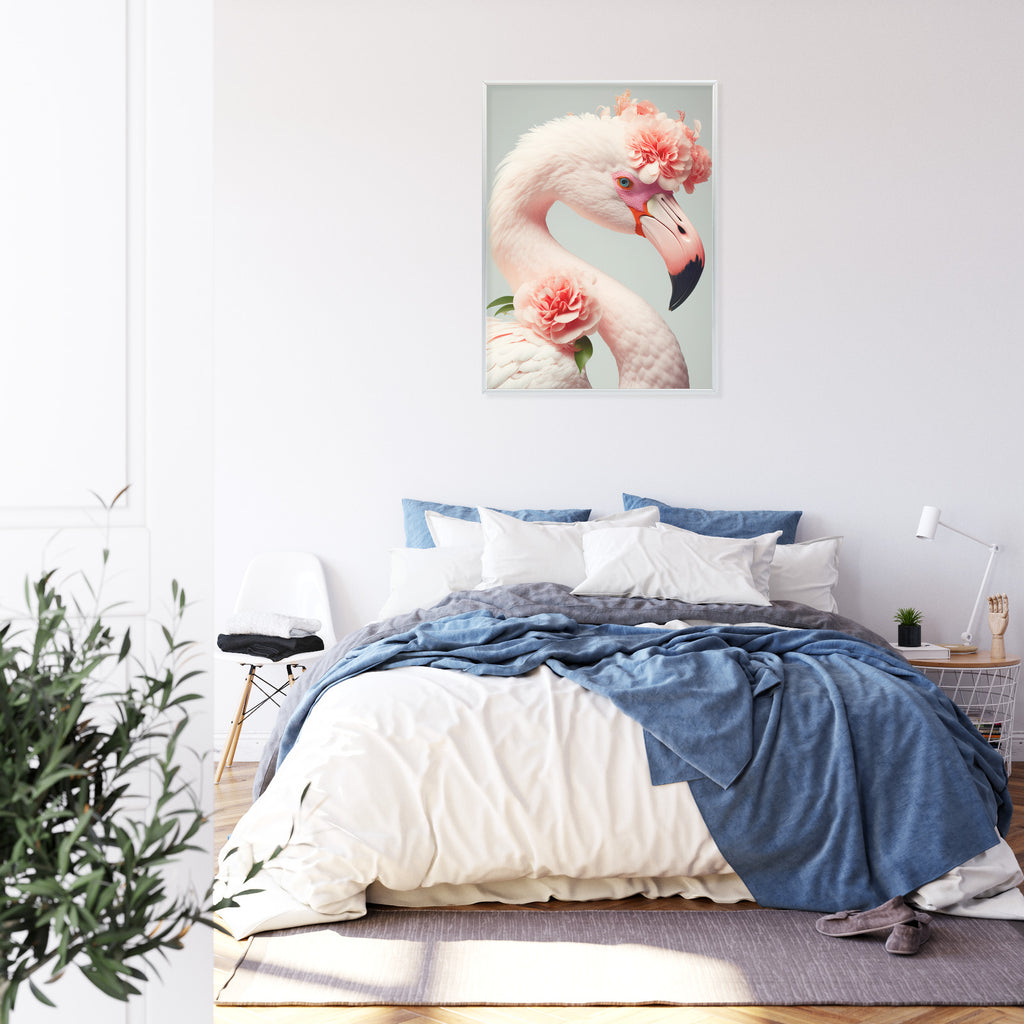 Plakat Flaming Z Kwiatami Na Głowie Rama Drewniana Z Passe-Partout Kolor Naturalny