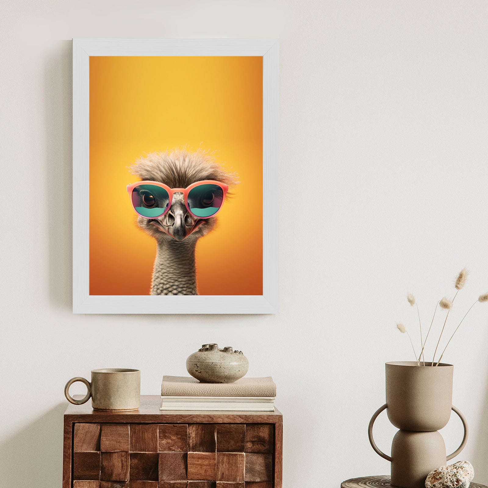 Plakat Struś Na Żółtym Tle W Okularach Rama Drewniana Z Passe-Partout Kolor Naturalny