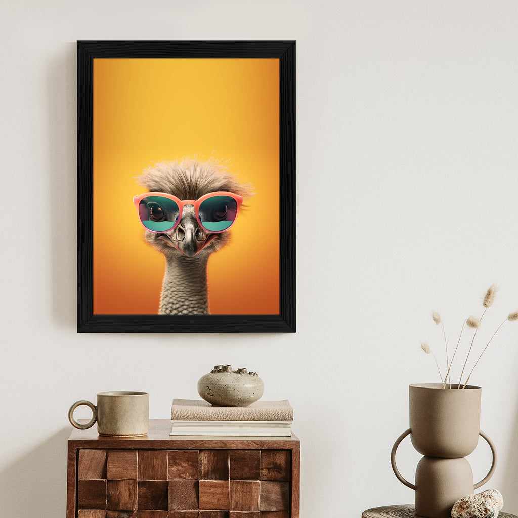Plakat Struś Na Żółtym Tle W Okularach Rama Drewniana Z Passe-Partout Kolor Naturalny