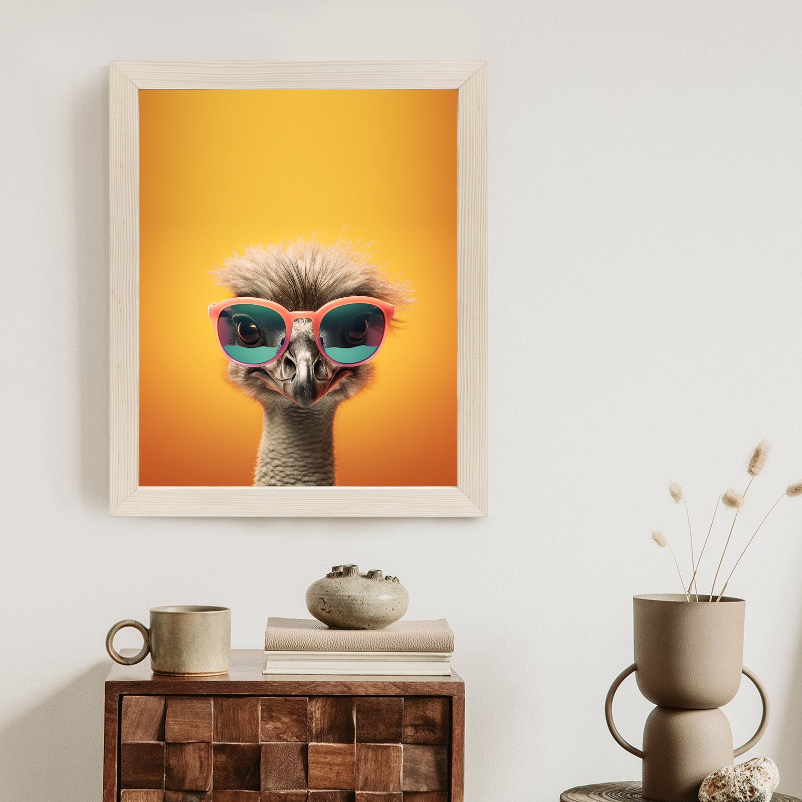 Plakat Struś Na Żółtym Tle W Okularach Rama Drewniana Z Passe-Partout Kolor Naturalny