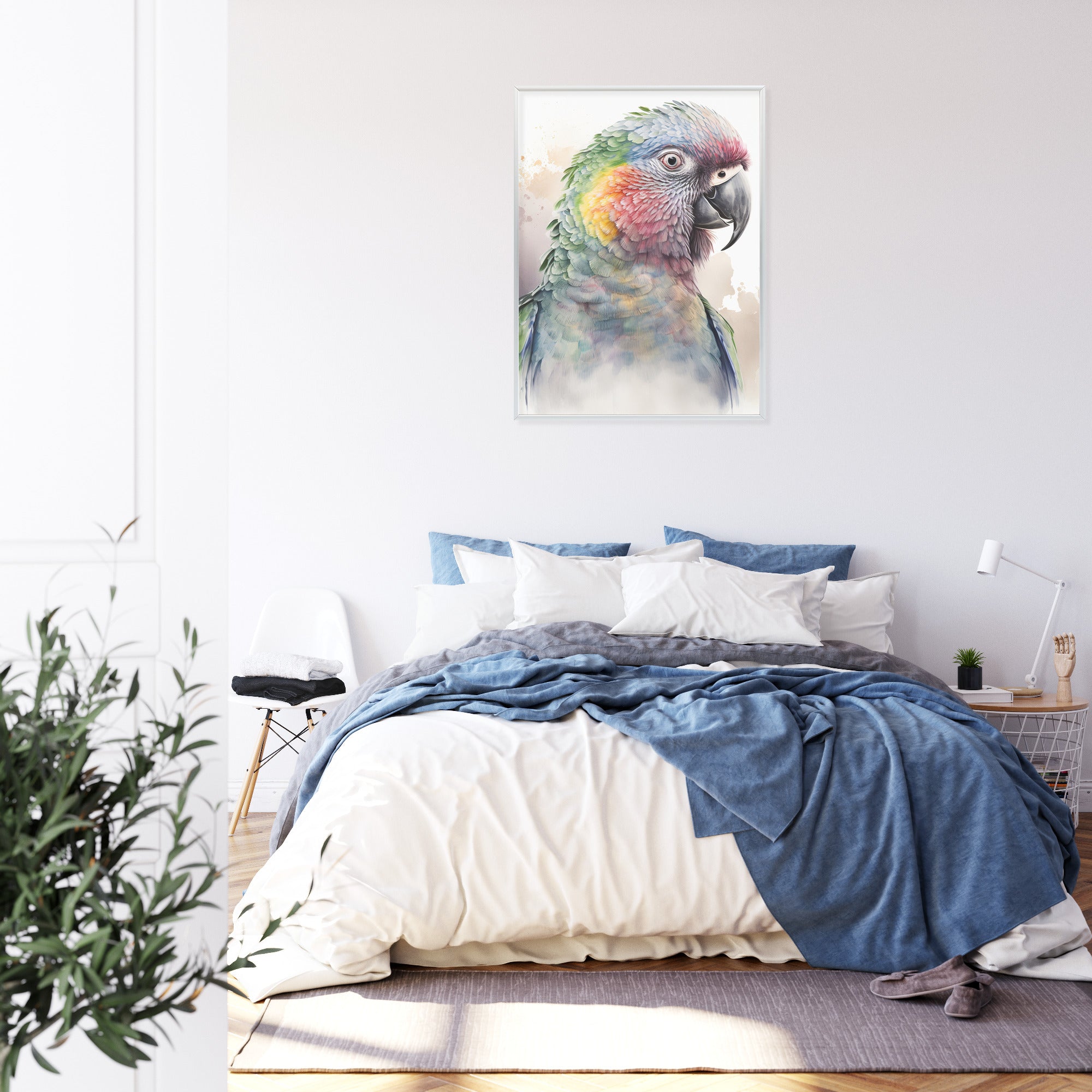 Plakat Papuga Na Akwareli Rama Drewniana Z Passe-Partout Kolor Naturalny