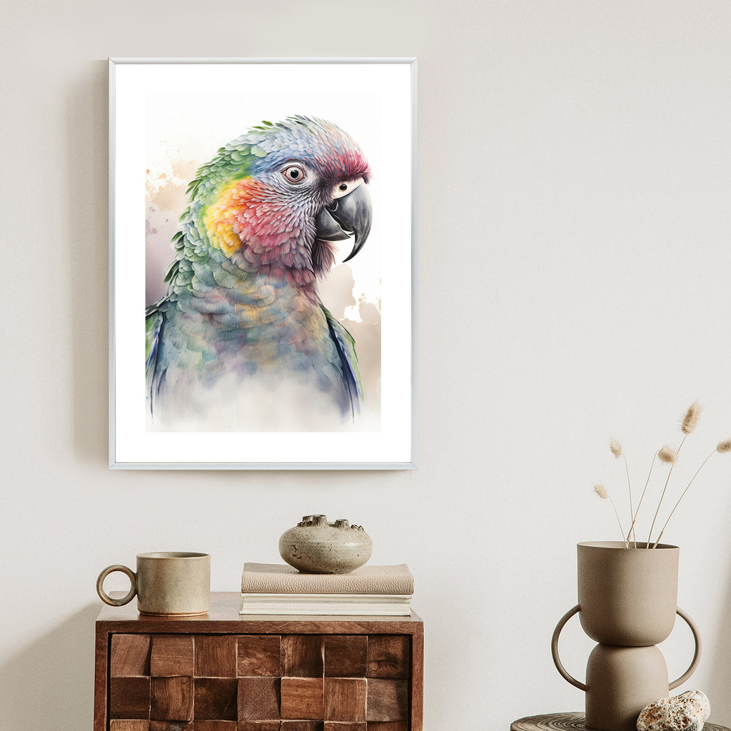 Plakat Papuga Na Akwareli Rama Drewniana Z Passe-Partout Kolor Naturalny