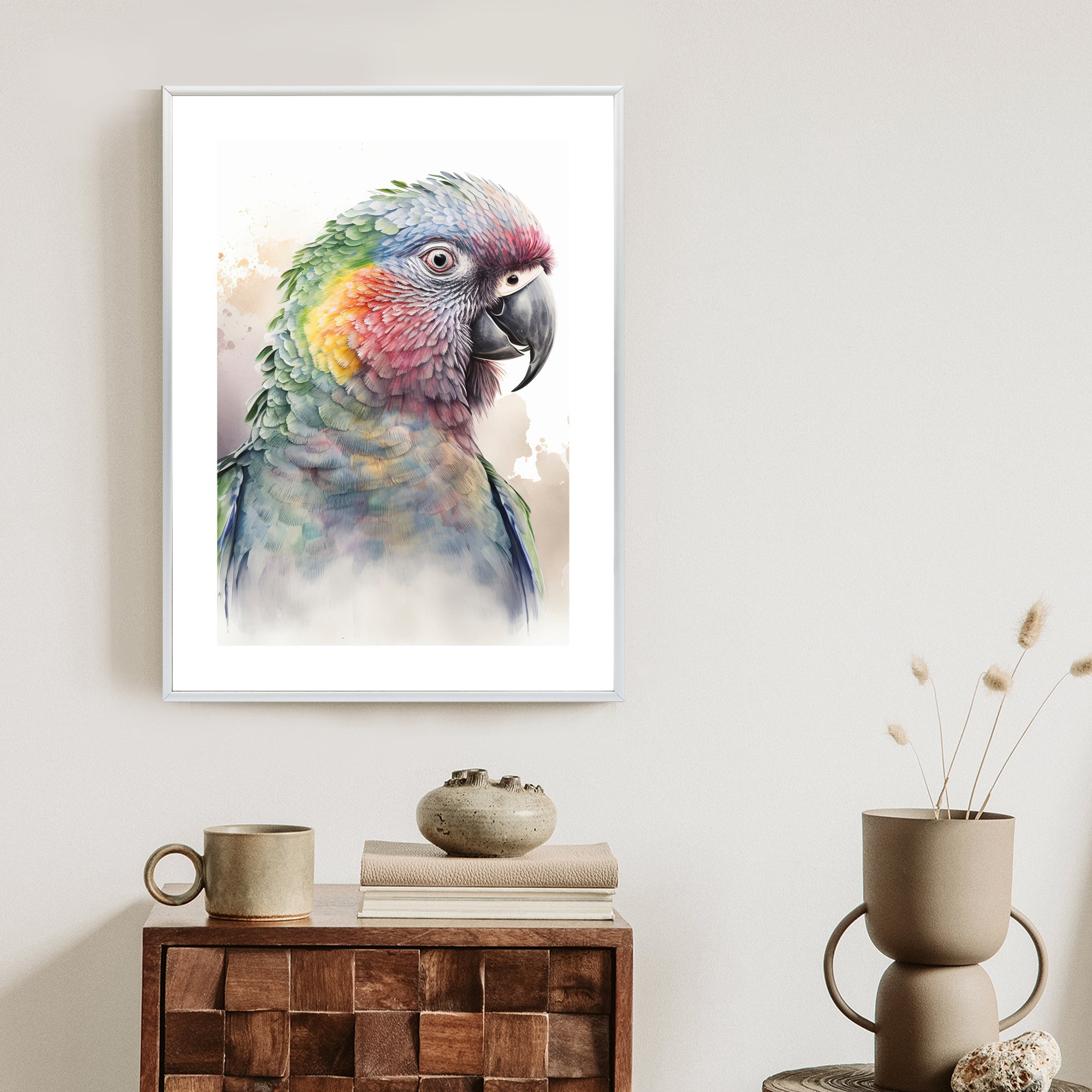 Plakat Papuga Na Akwareli Rama Drewniana Z Passe-Partout Kolor Naturalny