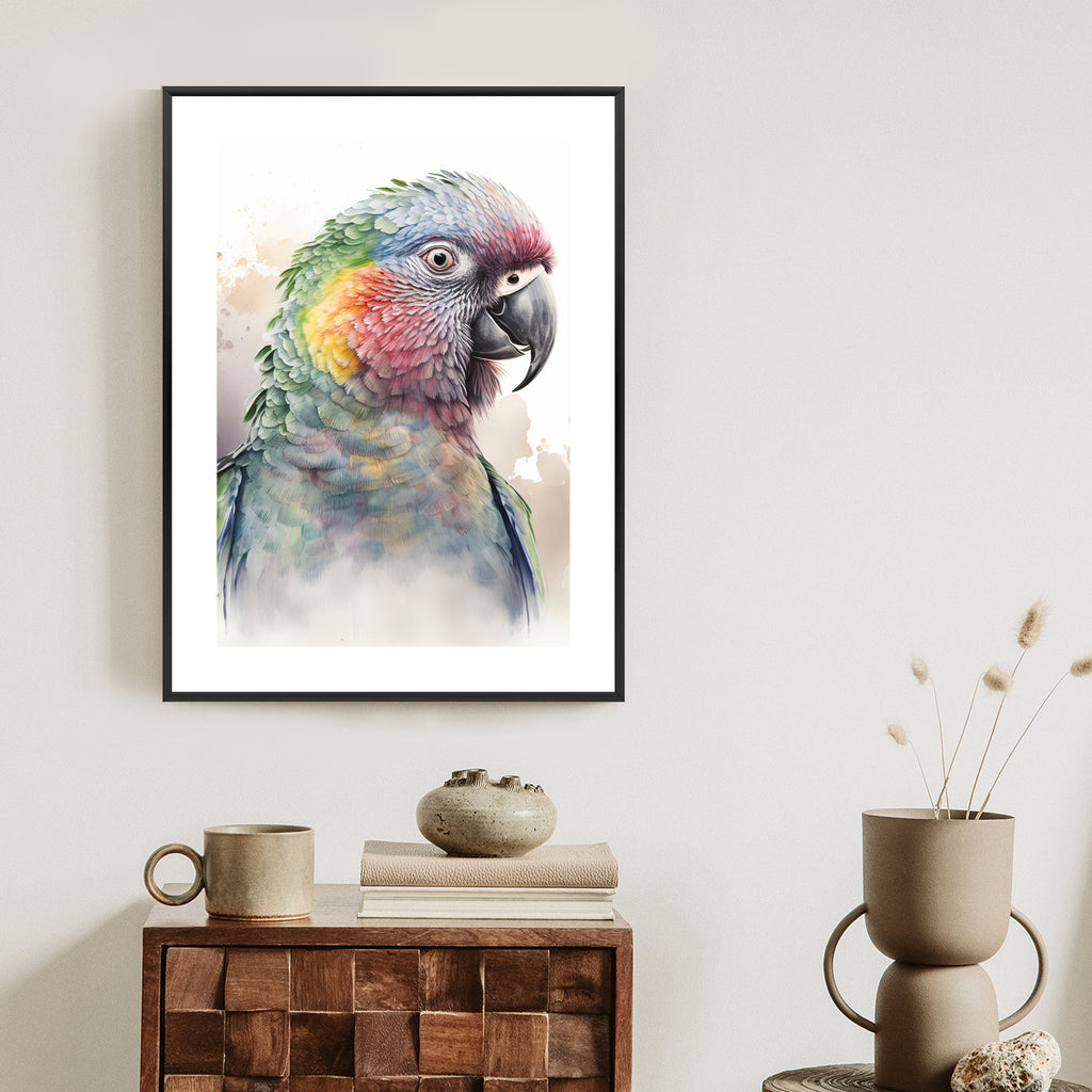 Plakat Papuga Na Akwareli Rama Drewniana Z Passe-Partout Kolor Naturalny